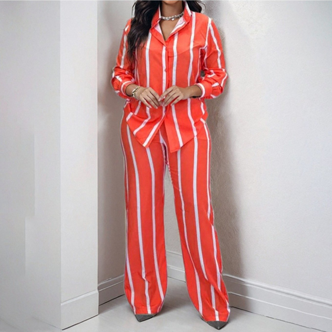 Spring New European and American Women'S Printed Striped Shirt Top Pants Set for Women, Spring Fashion, Summer Wardrobe, Striped Design, Trendy Set, Quality Stitching, Comfortable Fit, Women'S Pantsuit, Ladie Trouser Suit For