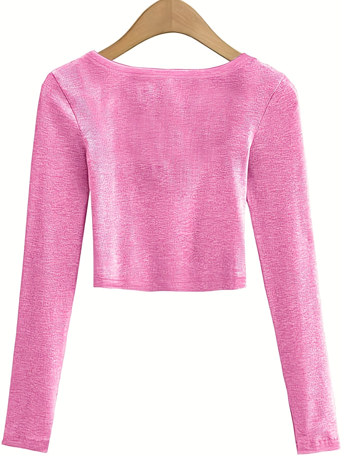 All-Season Chic Scoop Neck Crop Top – Slim & Stylish Long Sleeve, Solid Color, Easy-Care Rib-Knit Tee for Women