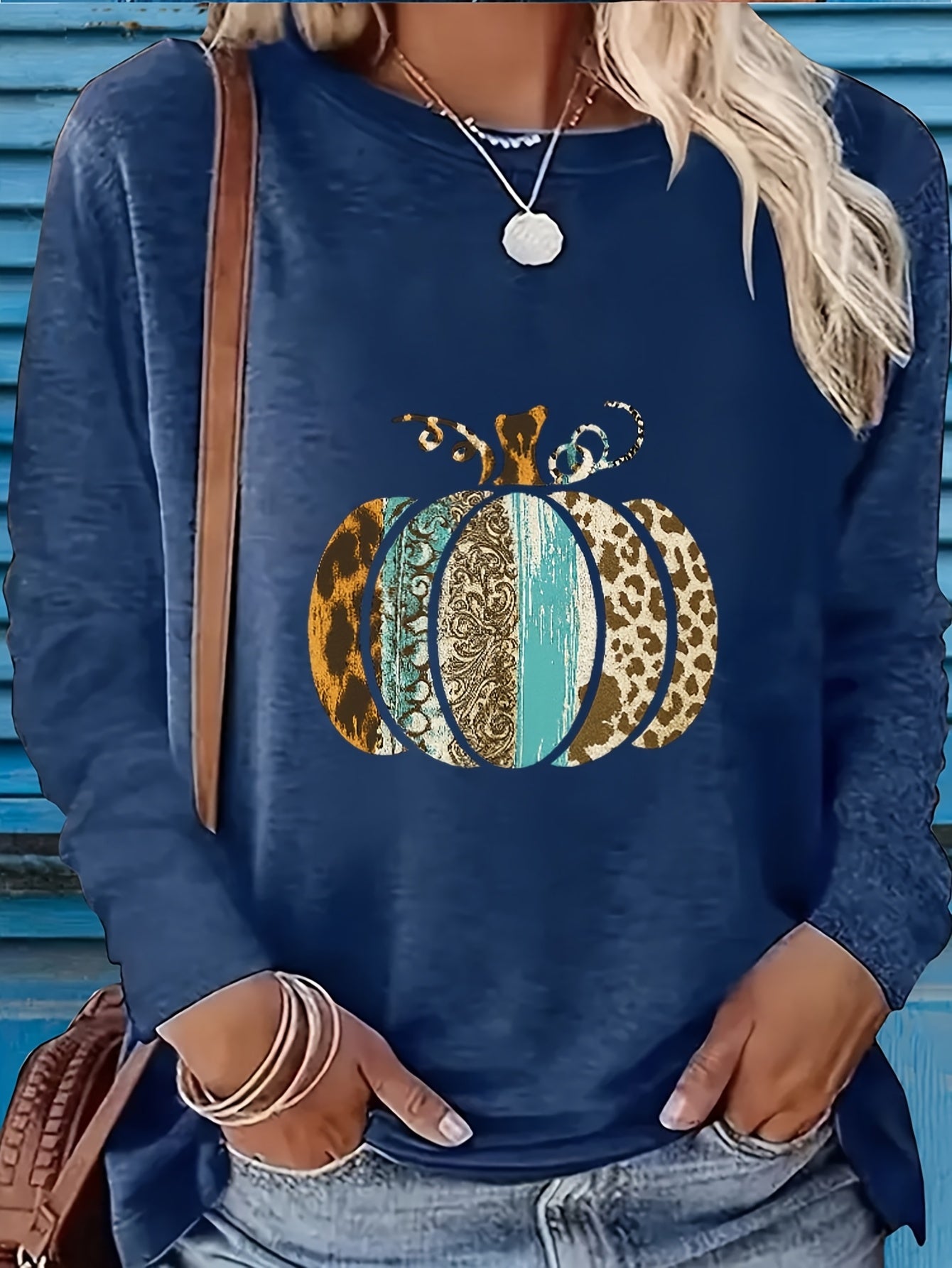 Women's Pumpkin Print Crew Neck Long Sleeve T-Shirt - Turquoise Blue & Golden Pumpkin Patch Design with Leopard Spot Accent, Casual Fall/Spring Top (Sizes S-2XL) | Pumpkin Season Outfits, Jeans Pairing, Machine Washable Layer