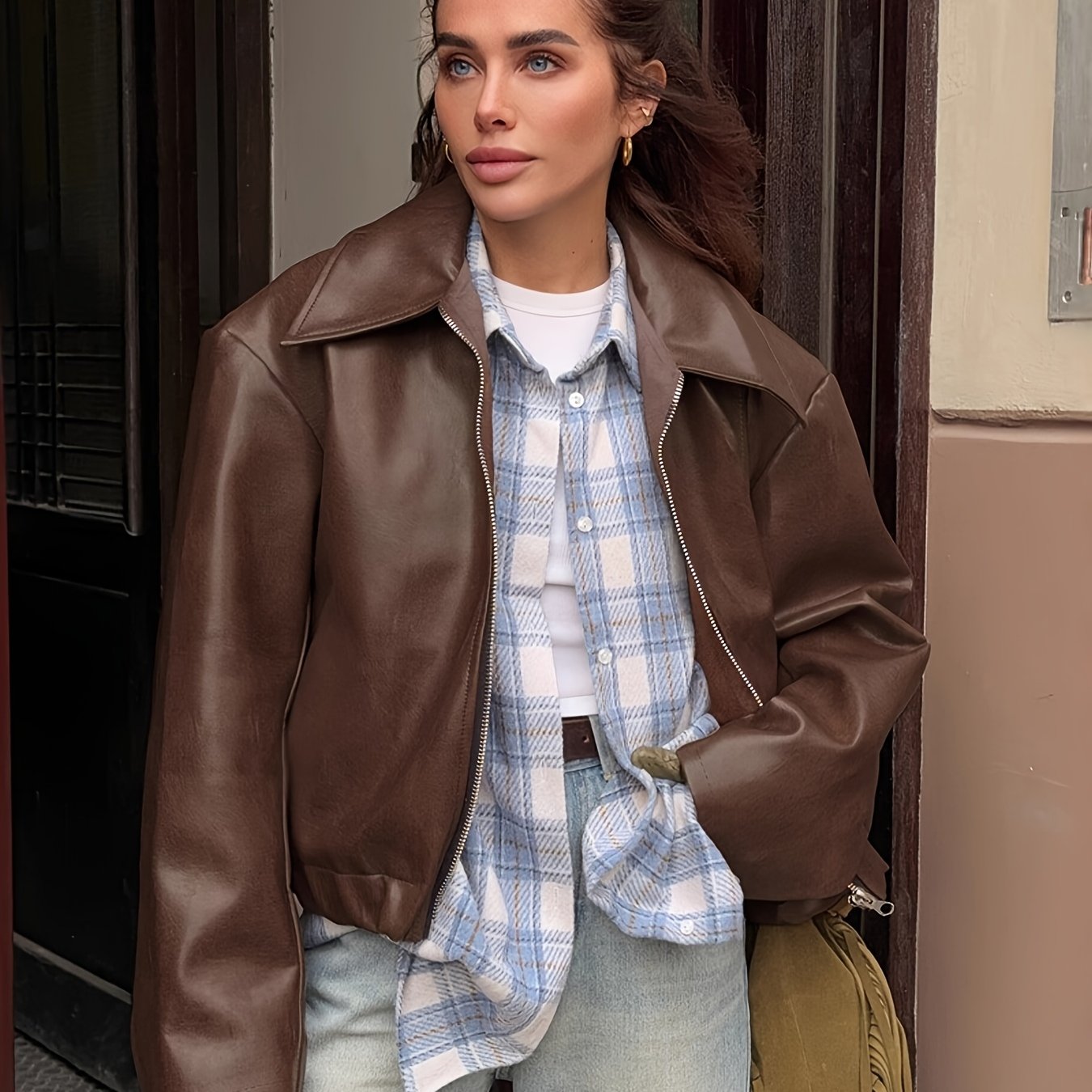 Women's Motorcycle Jacket - Full-Zip Retro Biker Coat with Full-Zip Front, Wine Red Matte, Relaxed H-Line Fit & Full-Length Zipper (No Collar) - Casual to Edgy Outerwear for Motorcycle Riding & Casual ttire, Jackets For Women