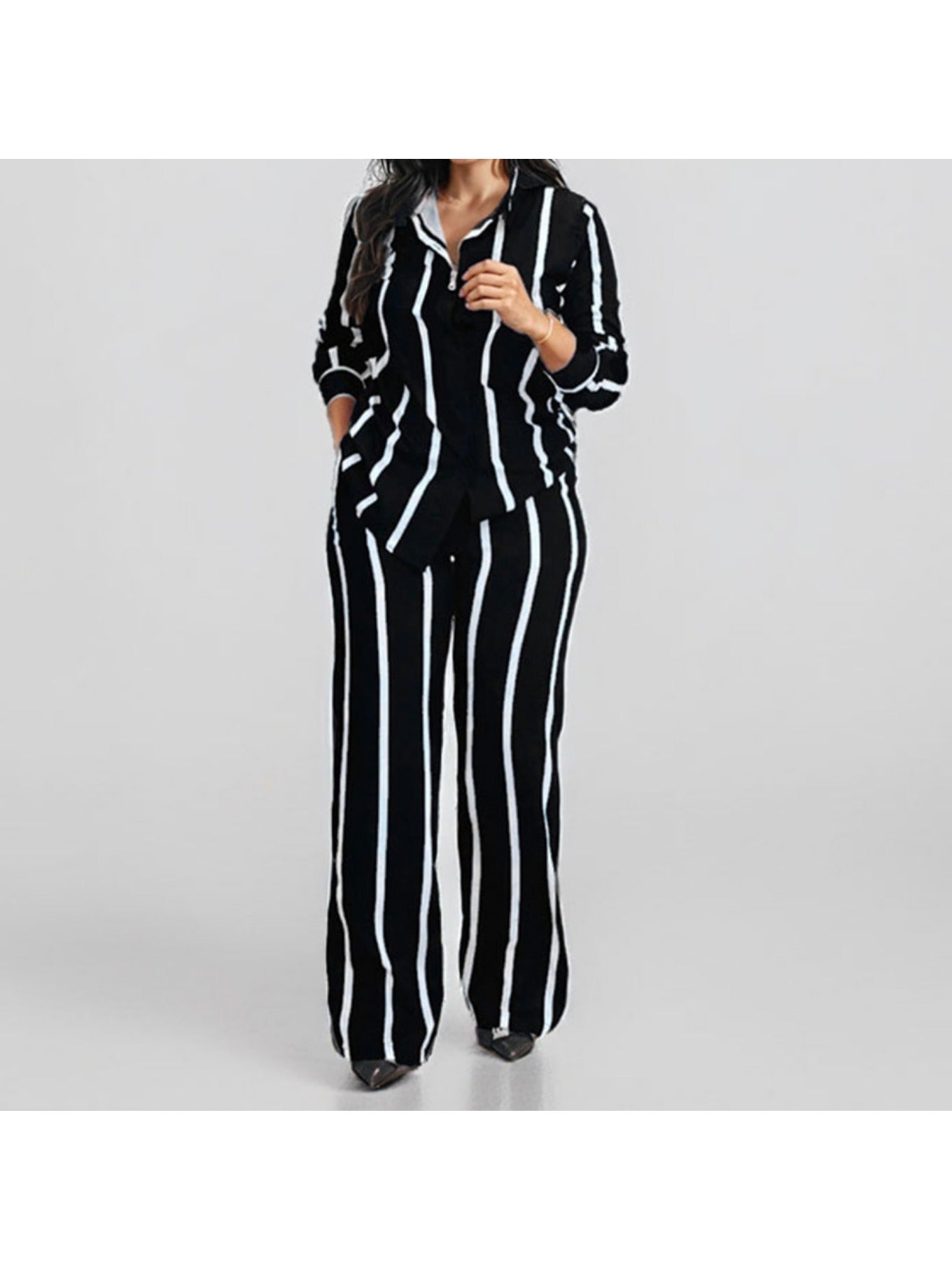 Spring New European and American Women'S Printed Striped Shirt Top Pants Set for Women, Spring Fashion, Summer Wardrobe, Striped Design, Trendy Set, Quality Stitching, Comfortable Fit, Women'S Pantsuit, Ladie Trouser Suit For