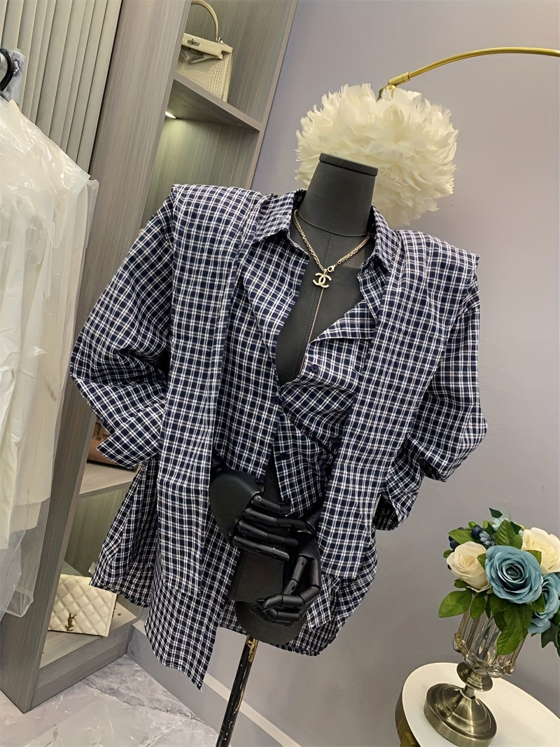 Women's Korean-Inspired Oversized Gingham Check Blouse with Belt-like Waist Tie - Blue & White Button-Front Shirt Jacket, Long Sleeve Layered Midi Length for Spring/Fall, Casual & Semi-Formal Wear (Machine Washable), Tops, Bl