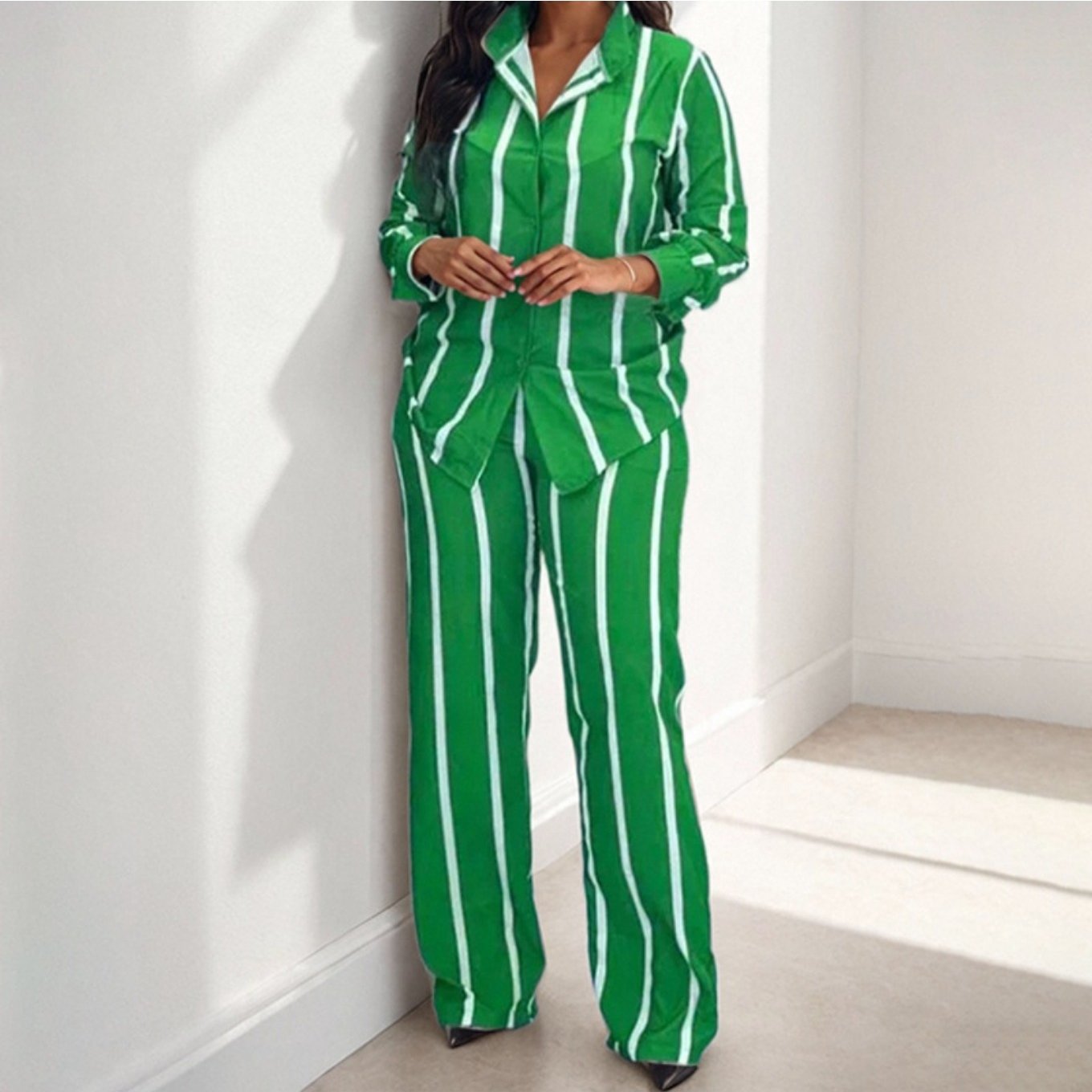 Spring New European and American Women'S Printed Striped Shirt Top Pants Set for Women, Spring Fashion, Summer Wardrobe, Striped Design, Trendy Set, Quality Stitching, Comfortable Fit, Women'S Pantsuit, Ladie Trouser Suit For