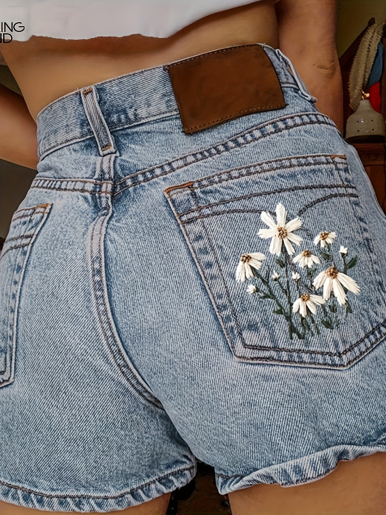 Women's Vintage Light Blue Distressed Denim Shorts with Floral Embroidery & Multi-Pocket Design - Summer Casual Streetwear Jeans, Relaxed Fit & Frayed Hem for Beach Outfits, Music Festivals & Casual Attire - Machine Washable,