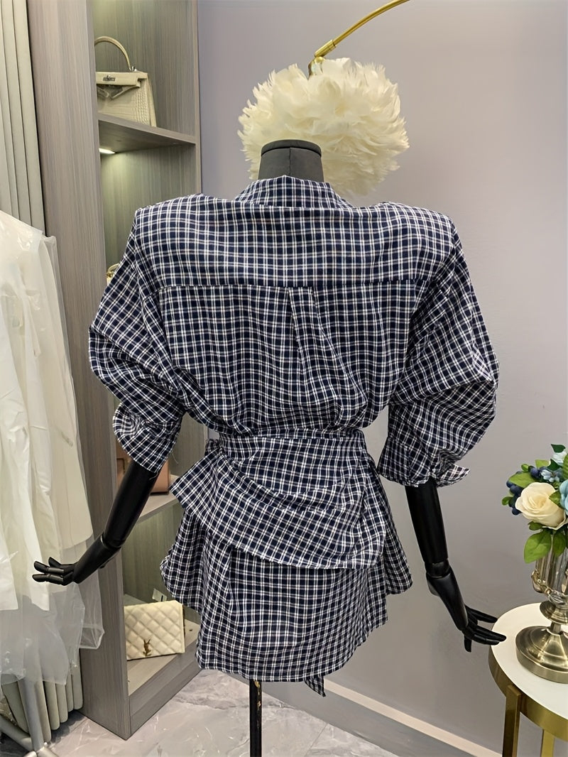 Women's Korean-Inspired Oversized Gingham Check Blouse with Belt-like Waist Tie - Blue & White Button-Front Shirt Jacket, Long Sleeve Layered Midi Length for Spring/Fall, Casual & Semi-Formal Wear (Machine Washable), Tops, Bl