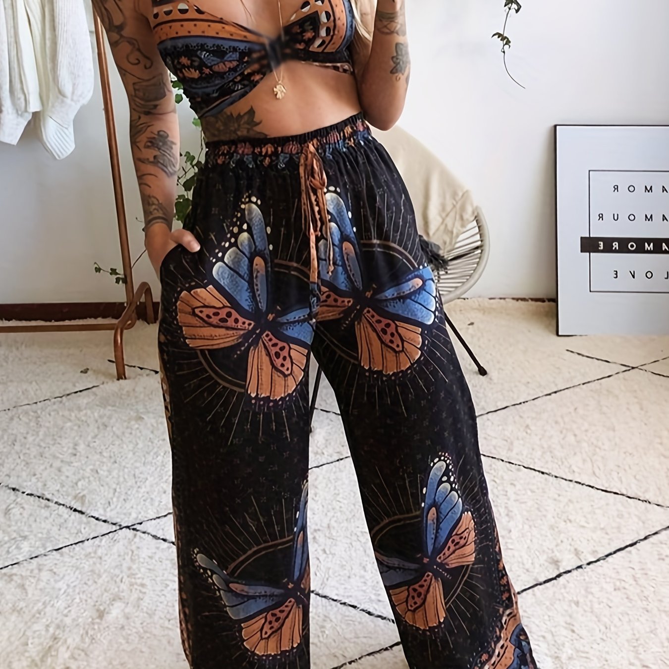two-piece Sexy Butterfly Print Halter Top & Wide Leg Pants Set, Women's Crop Top and Pants Outfit