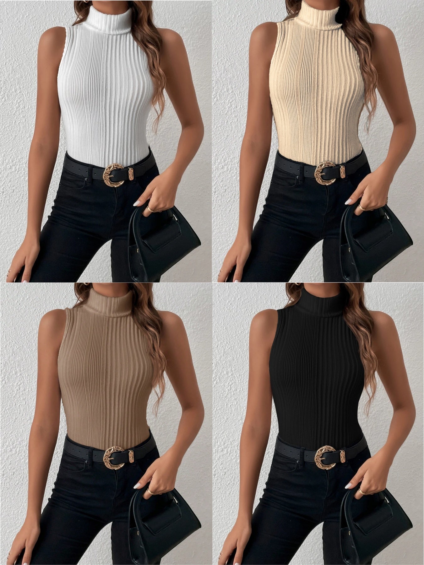 4 Colors Women's Elegant Turtleneck Tops 4pcs Set - Solid White//Beige/Black High-Neck Shirts, Versatile Layering Blouses for Spring Summer Fall, Casual & Formal Wear, Machine Washable (No Bulk), Tops For Women, High Neck Top