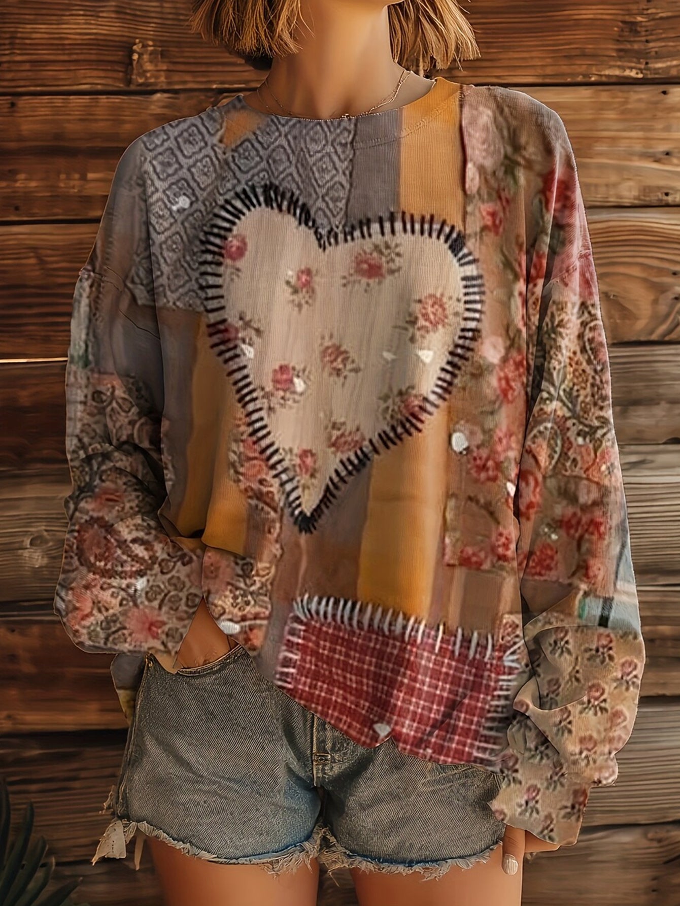 Women's Retro Boho Heart & Floral Patchwork Hoodie - Oversized Loose Fit Multicolor Plaid & Flower Print Sweatshirt, Cozy Round Neck Long Sleeve for Fall Winter Warmth, Casual Outdoor Wear (Brown/Beige/Taupe), Autumn Clothes