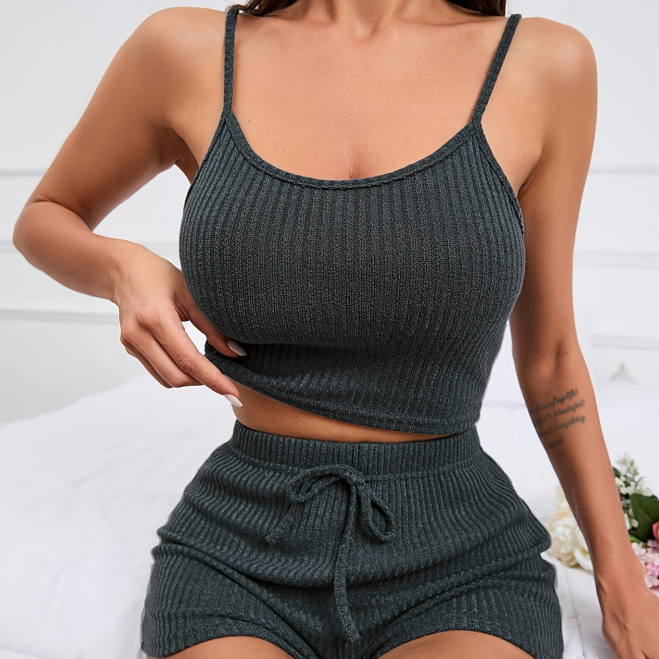 Ribbed Knit Lounge Set, Cami Crop Top & Lace Up Shorts, Women's Loungewear & Sleepwear