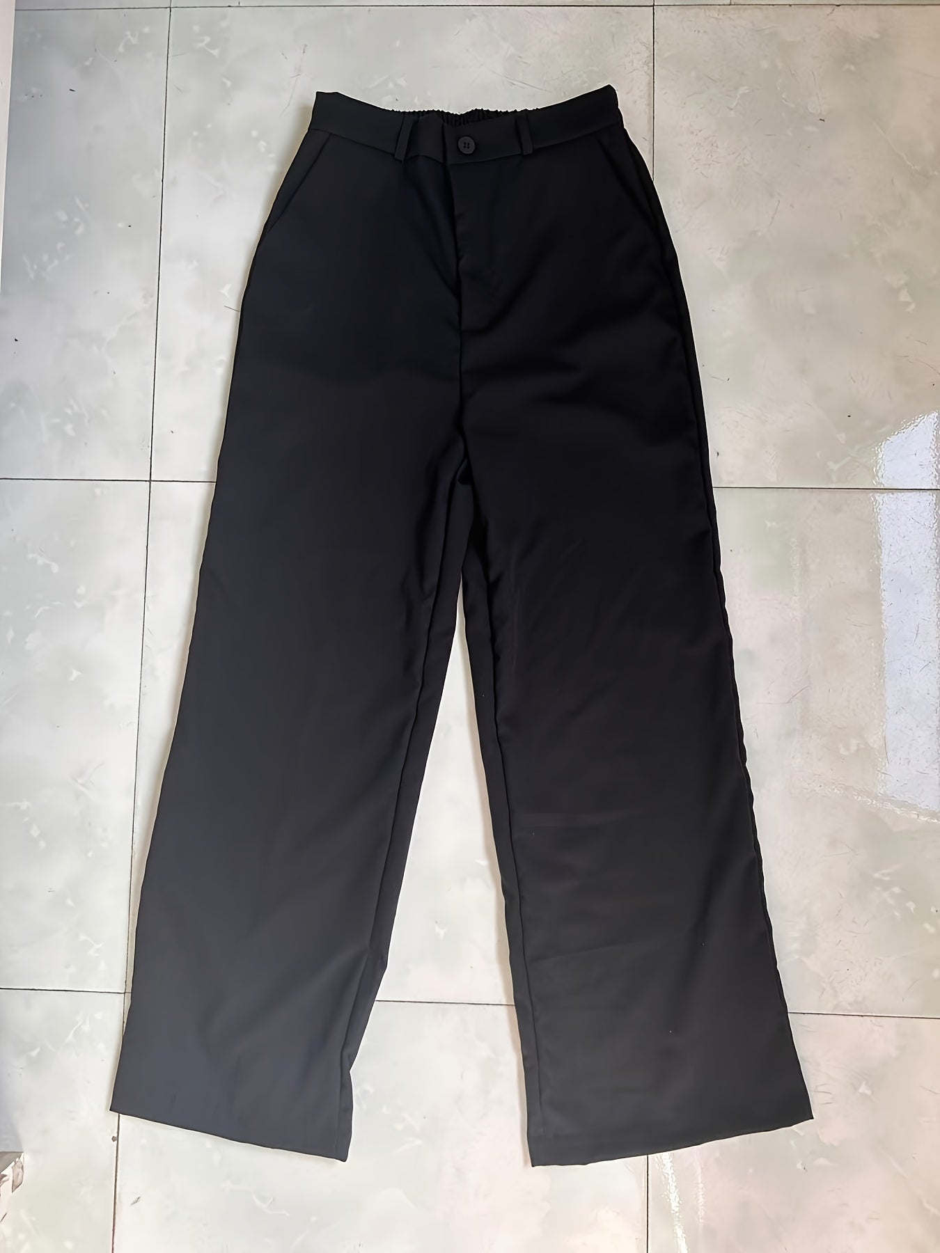 Women's Elegant Navy Blue Wide-Leg Trousers • Solid Color All-Season Formal & Casual Pants with Button Closure • Structured Fit for Office, Semi-Formal Events & Casual Attire • Versatile All-Season Trousers • Women's