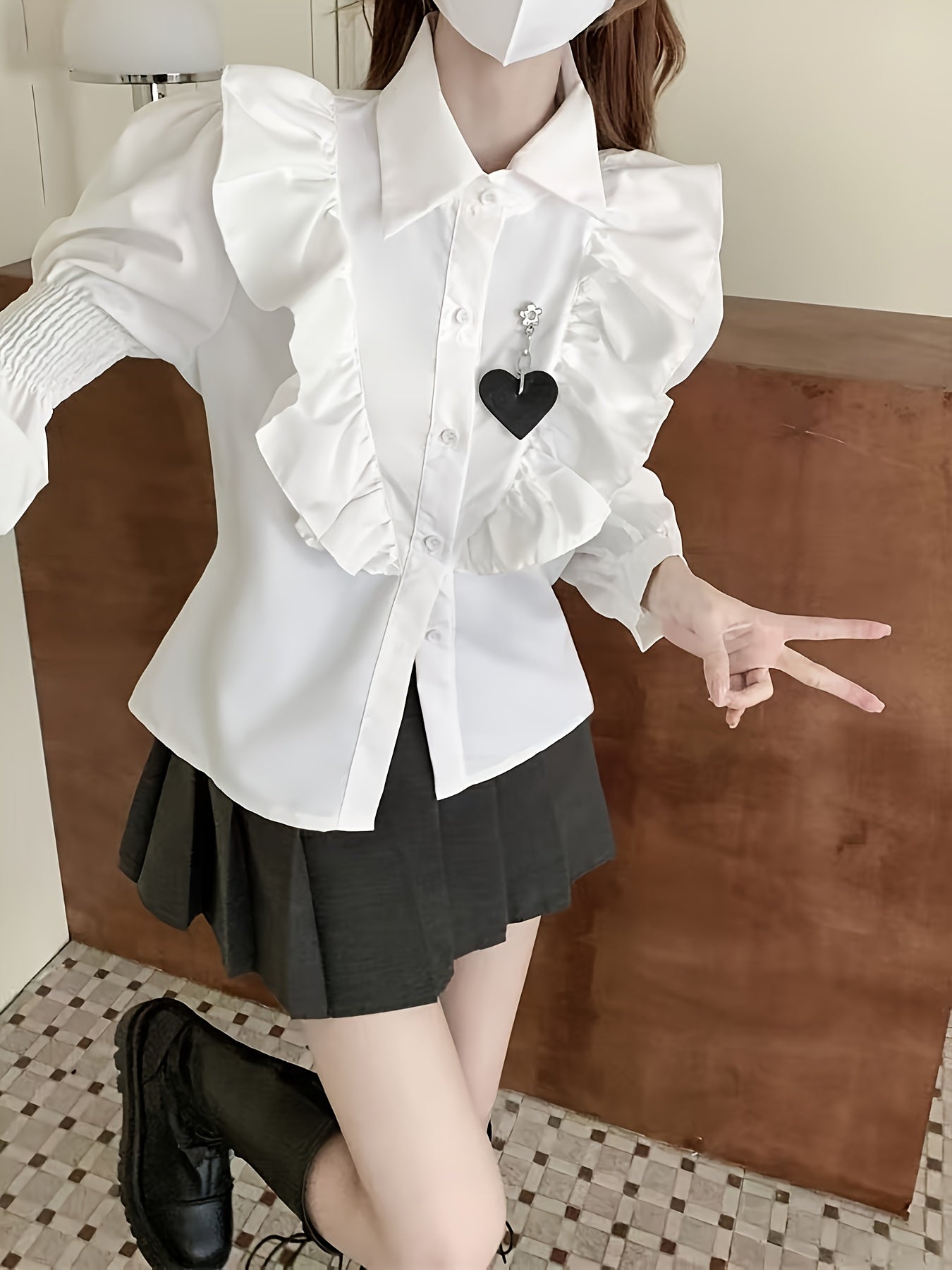 Women'S French-Inspired Ruffle Sleeve Blouse - Long Sleeve, Button-Up Shirt with Puff Sleeves, Black & White Contrast, Vintage Style, Perfect for Casual or Formal Outfits, Versatile Fashion Piece | Ruffle Detail Shirt | Butto