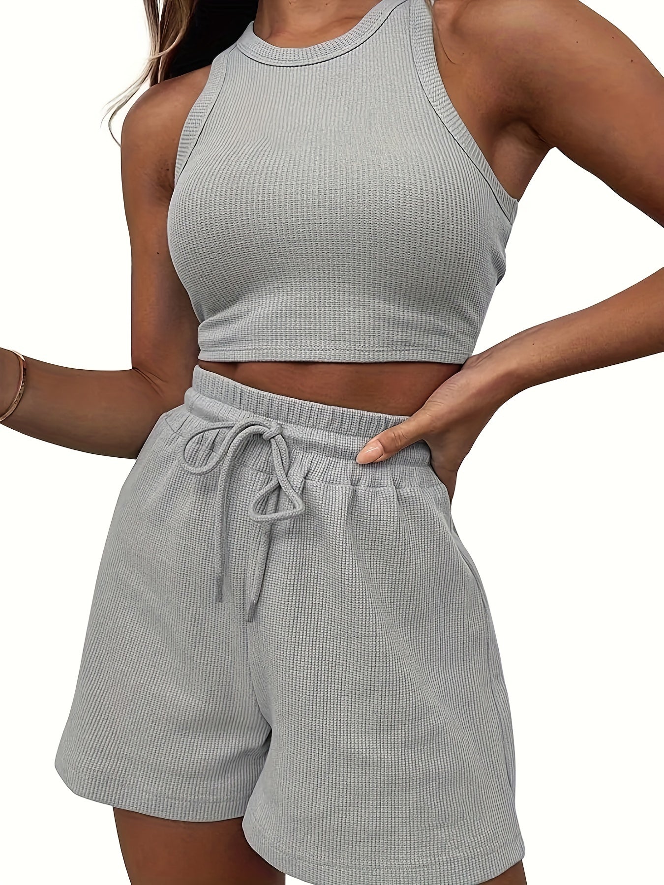 2-Piece Women's Casual Sportswear Set - Comfy Ribbed-Knit Crop Top & Adjustable Drawstring Shorts - Versatile Sleeveless Outfit for Outdoor Activities