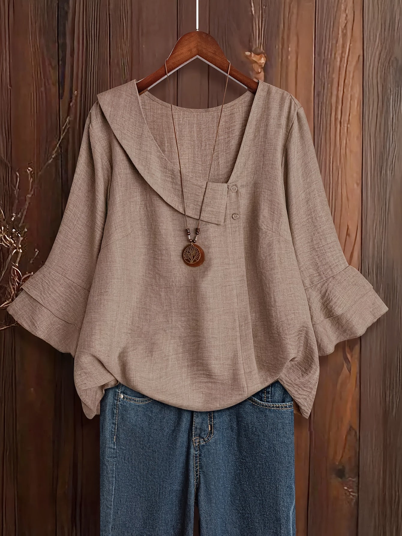 Plus Size - Plus Size - Plus Size - Plus Size Women'S Elegant Asymmetrical Blouse - Long Sleeve Button-Up Shirt with Puff Sleeves, Solid Color Non-Stretch Fabric, Spring Summer Fall Casual & Formal Wear, Ladies Blouses, Blous