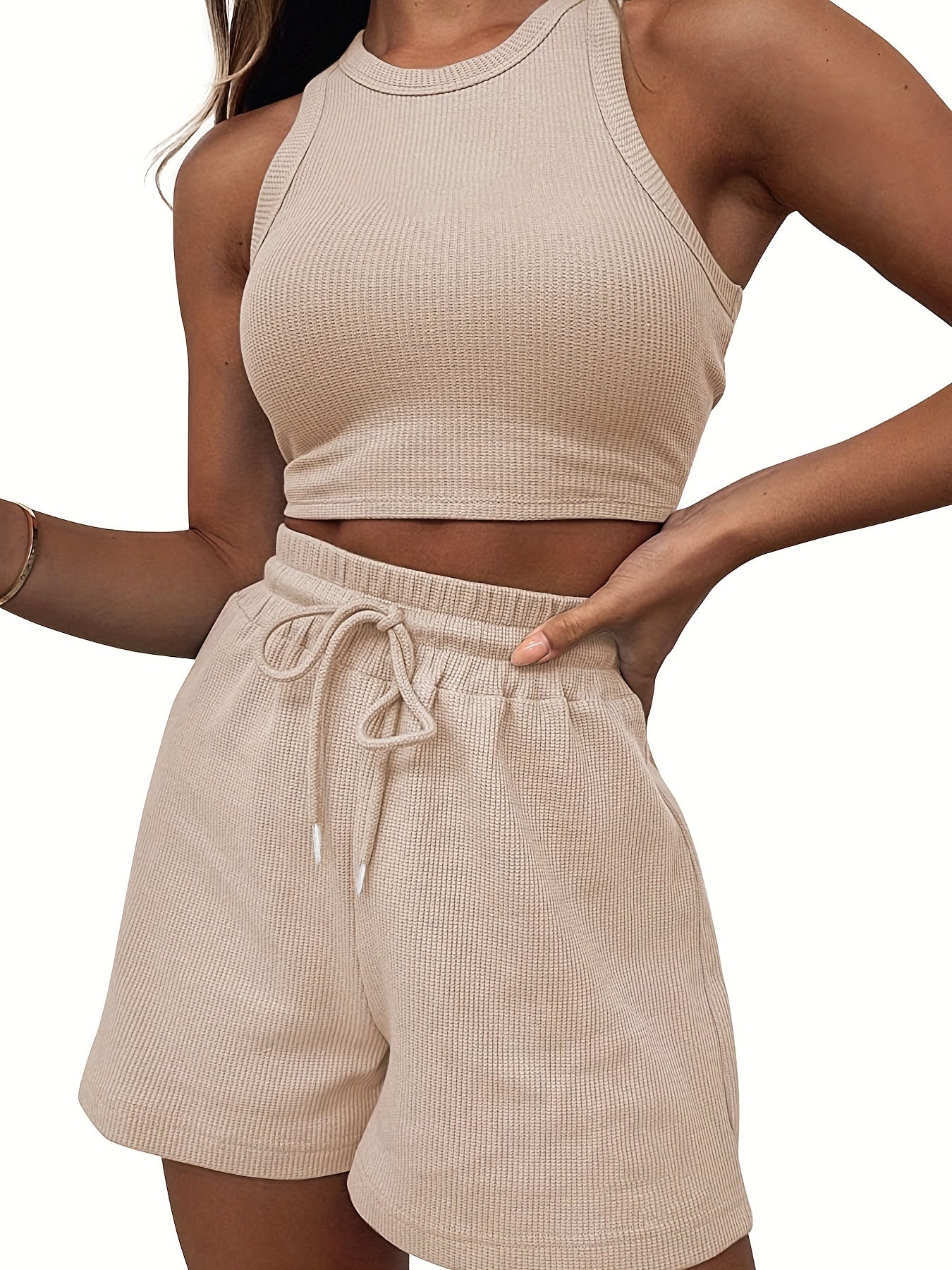 2-Piece Women's Casual Sportswear Set - Comfy Ribbed-Knit Crop Top & Adjustable Drawstring Shorts - Versatile Sleeveless Outfit for Outdoor Activities