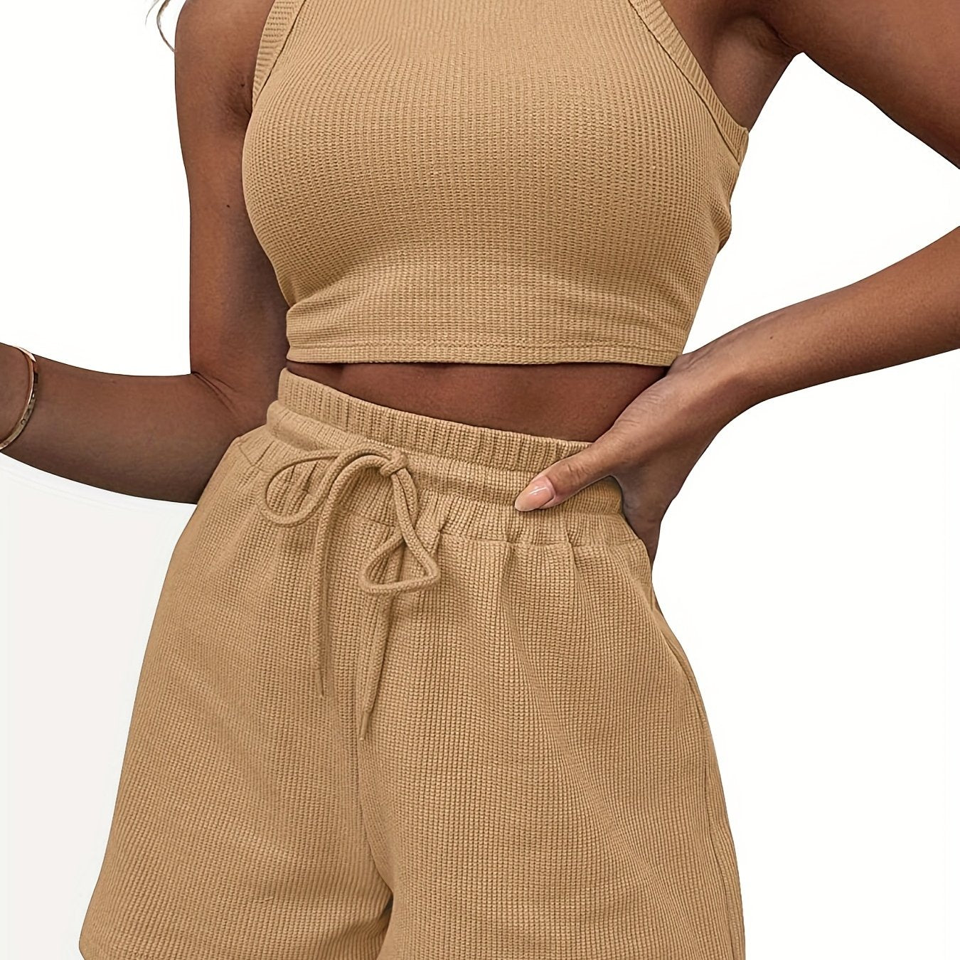 2-Piece Women's Casual Sportswear Set - Comfy Ribbed-Knit Crop Top & Adjustable Drawstring Shorts - Versatile Sleeveless Outfit for Outdoor Activities