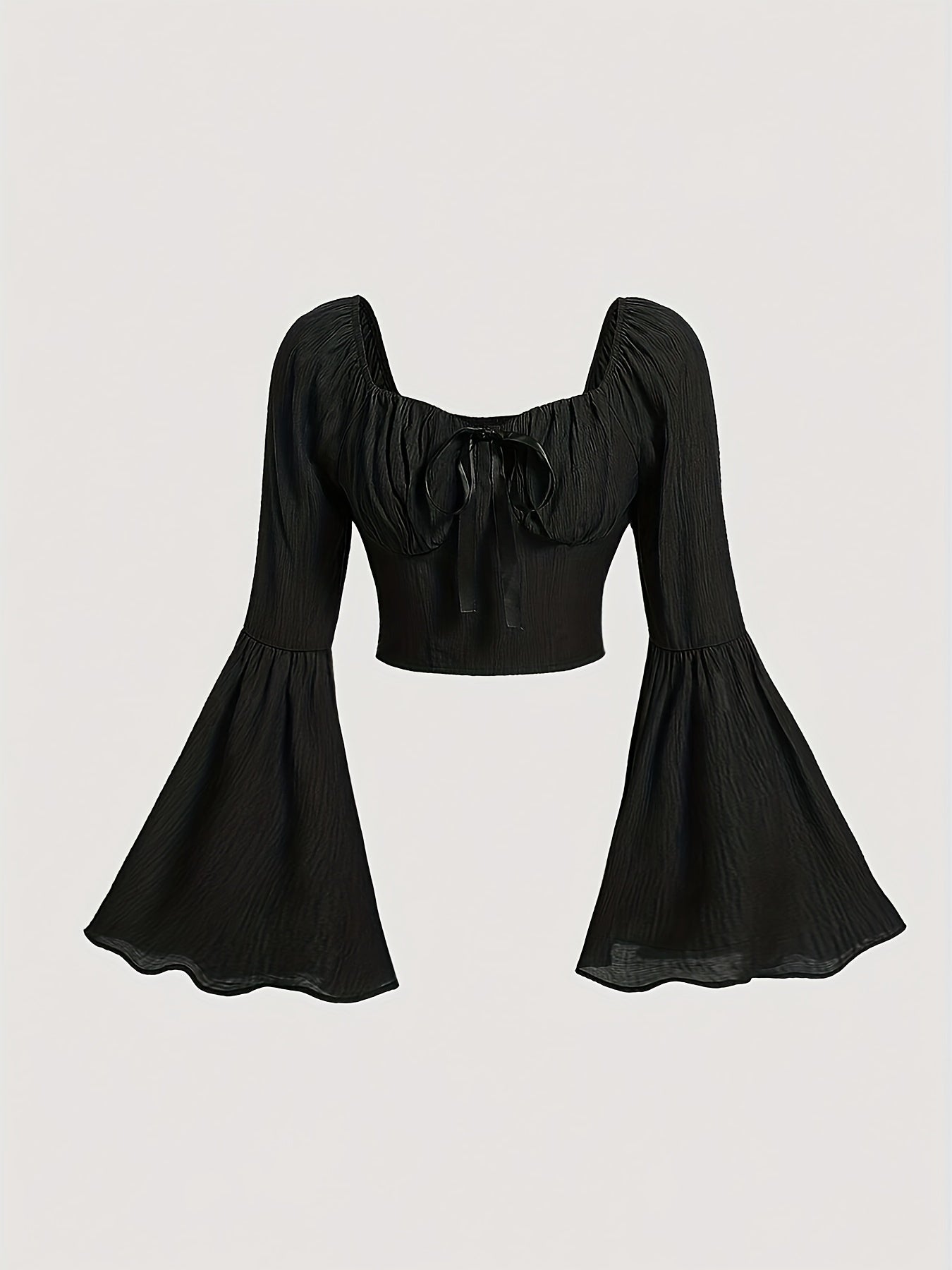 Women's Elegant Solid Black Puff Sleeve Blouse with Square Neck & Ruffled Edges - Structured Short Jacket-like Top, Machine Washable All-Season Formal & Semi-Formal Shirt for Casual to Formal Outfits, Square Neckline with Bow