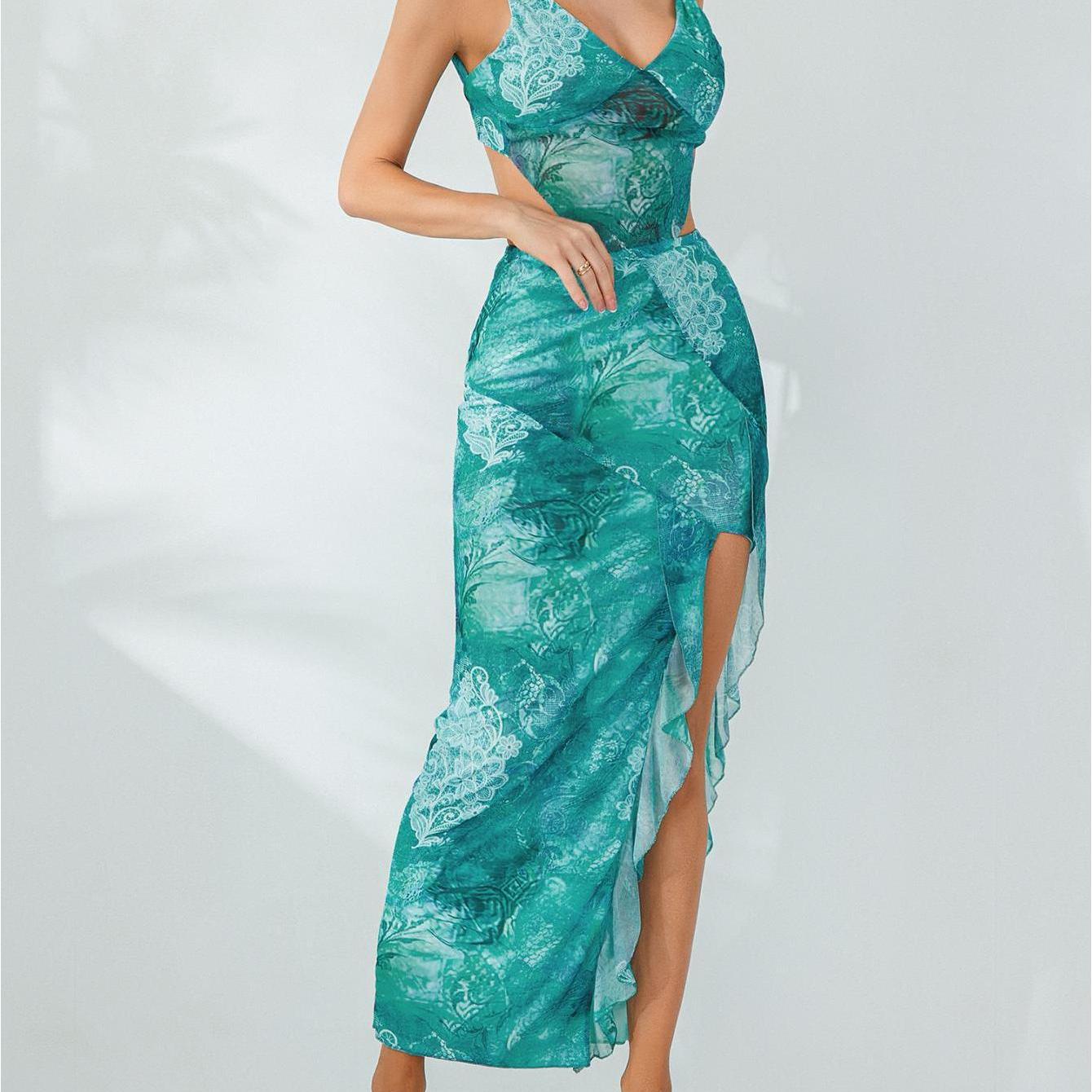 Women Tops Skirt Suit, Sleeveless Off Shoulder Floral Vest + Summer Casual Long Skirt Outfit