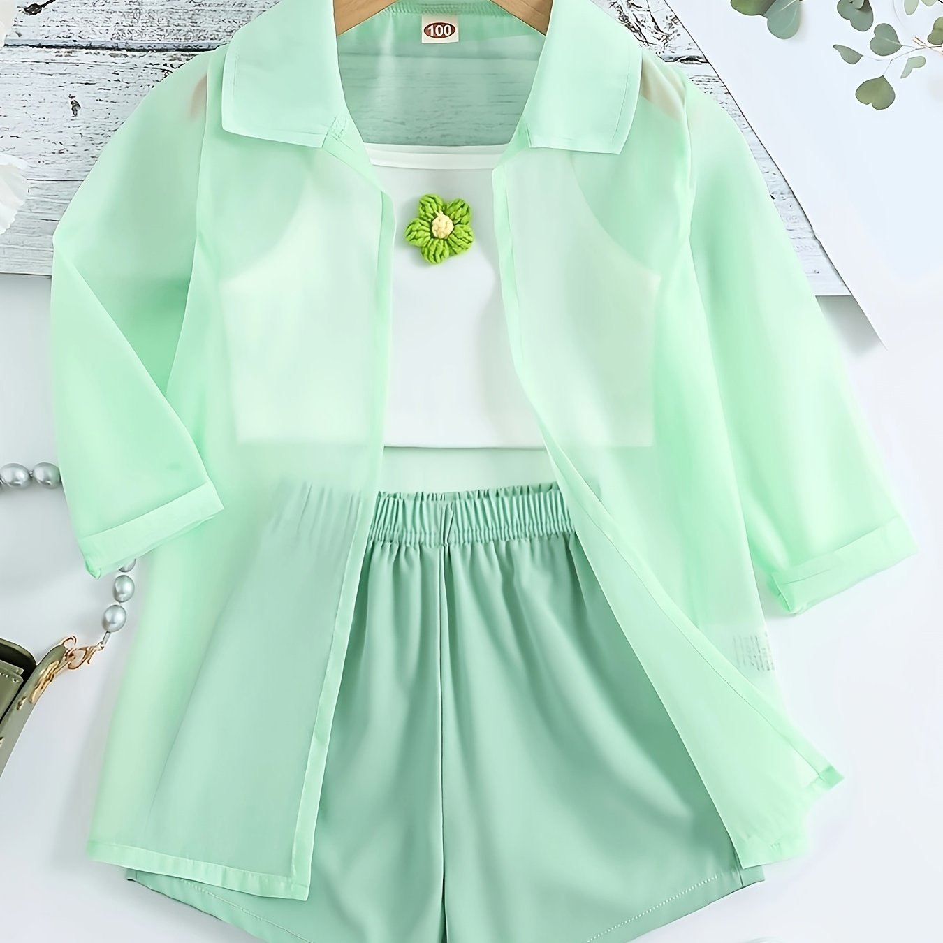 3 Pcs Ultra Thin Long Sleeve Semi-Sheer Shirt & Cami Crop Top & Shorts, Three-piece Shorts Set For Girls
