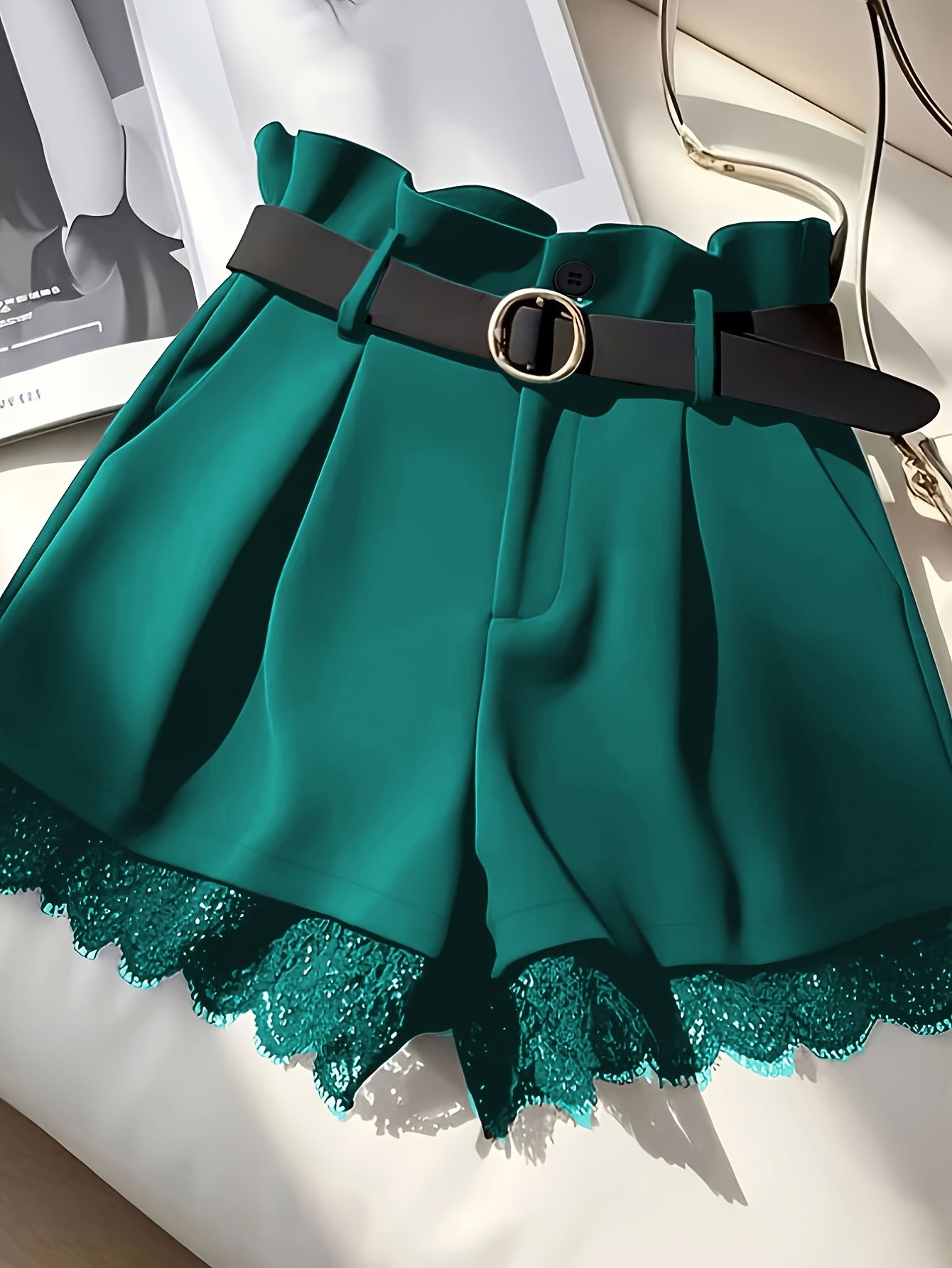Women'S Elegant Black Lace Trim Skirt Shorts - High-Waisted Pleated Design with Golden Button Belt, Non-Stretch Fabric, Green Skirt For Women, Green Skirt, Elegant Woman Short, Woman Short Skirt, Women Shorts, Women Short, El