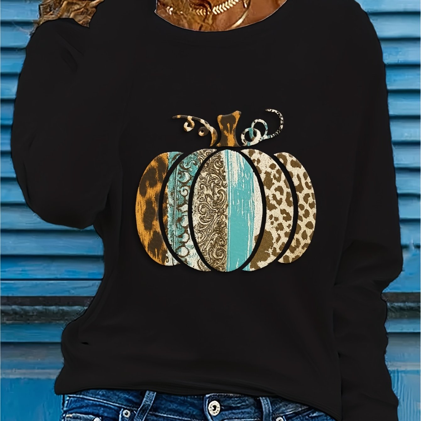 Women's Pumpkin Print Crew Neck Long Sleeve T-Shirt - Turquoise Blue & Golden Pumpkin Patch Design with Leopard Spot Accent, Casual Fall/Spring Top (Sizes S-2XL) | Pumpkin Season Outfits, Jeans Pairing, Machine Washable Layer