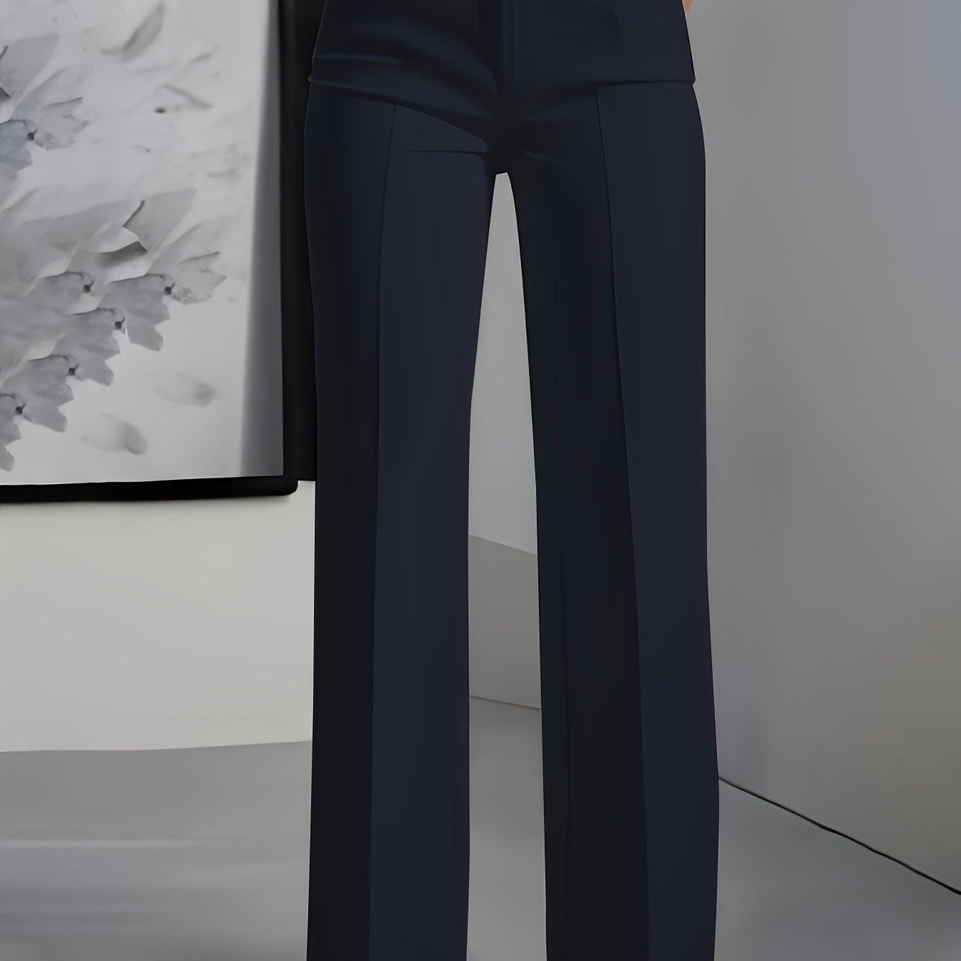 Women's Elegant Navy Blue Wide-Leg Trousers • Solid Color All-Season Formal & Casual Pants with Button Closure • Structured Fit for Office, Semi-Formal Events & Casual Attire • Versatile All-Season Trousers • Women's