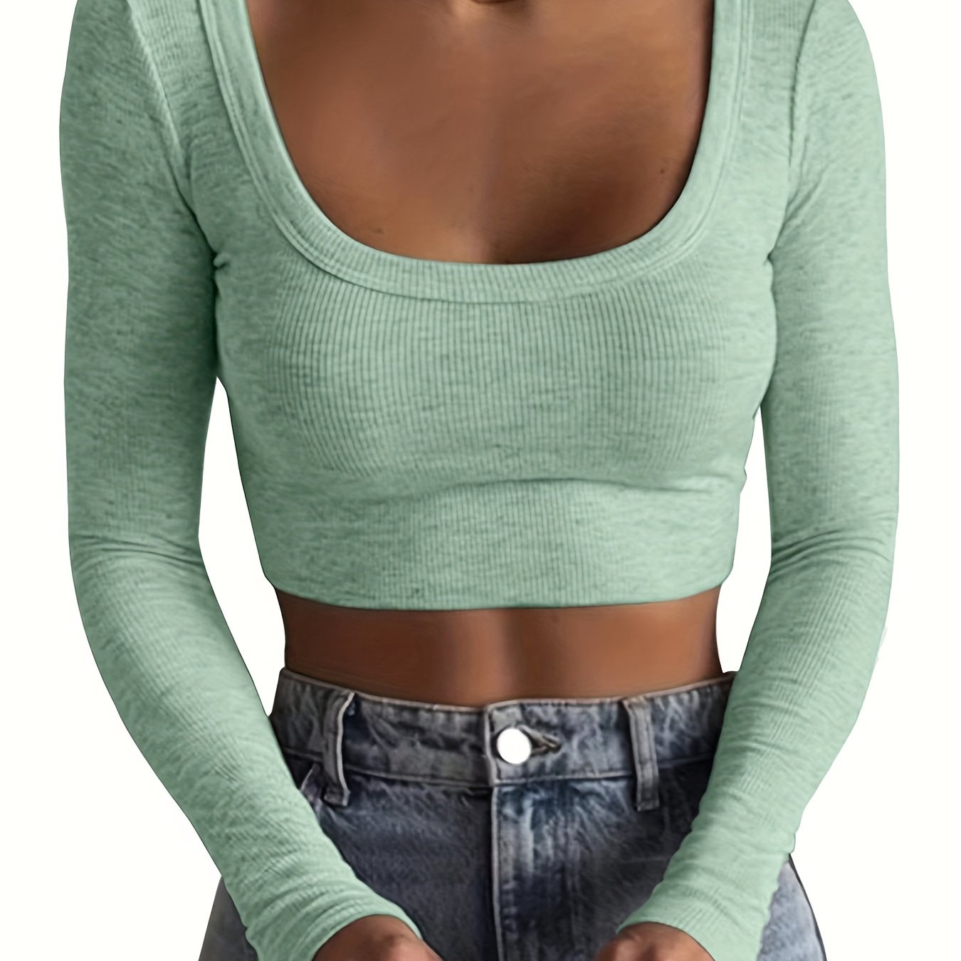 All-Season Chic Scoop Neck Crop Top – Slim & Stylish Long Sleeve, Solid Color, Easy-Care Rib-Knit Tee for Women