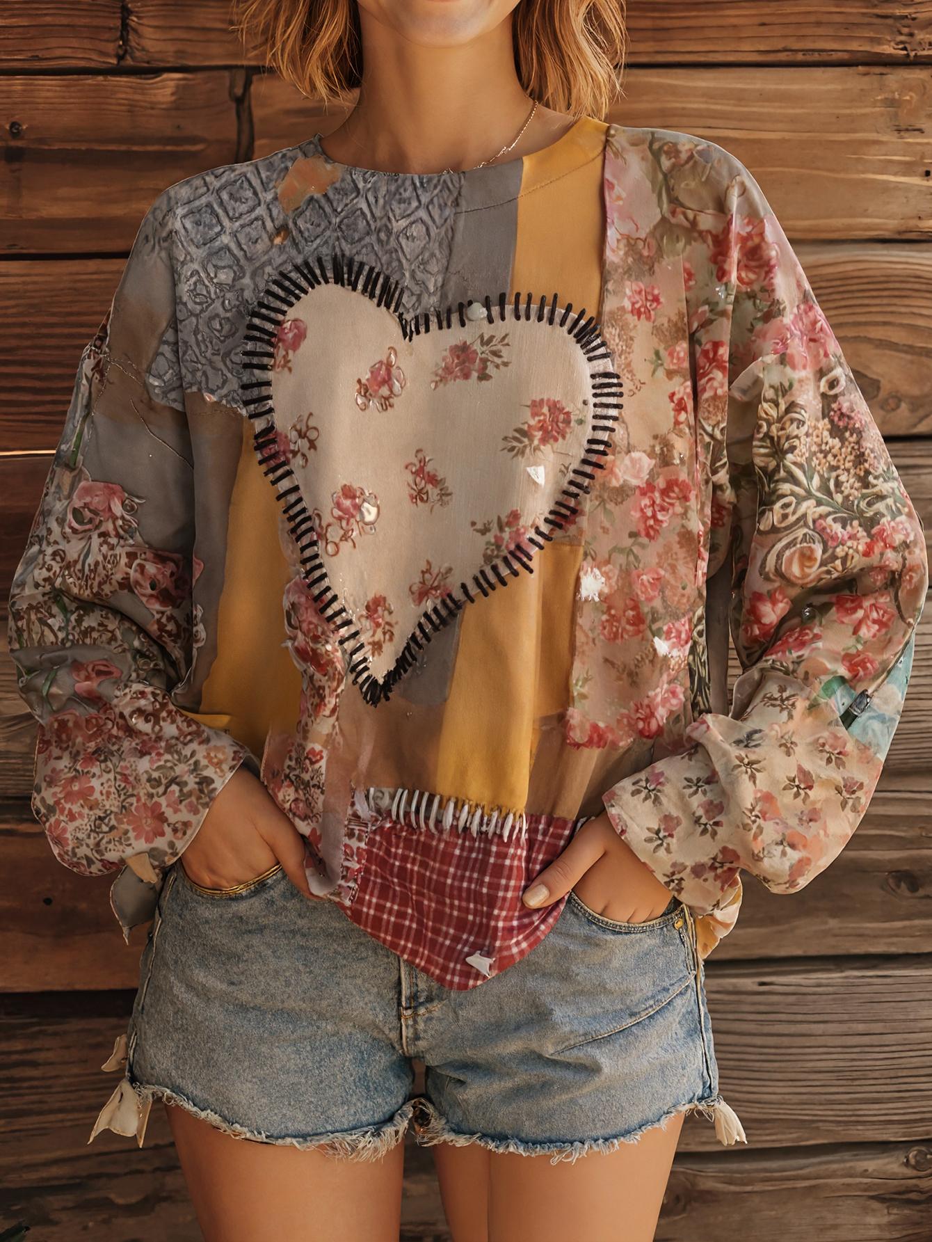Women's Retro Boho Heart & Floral Patchwork Hoodie - Oversized Loose Fit Multicolor Plaid & Flower Print Sweatshirt, Cozy Round Neck Long Sleeve for Fall Winter Warmth, Casual Outdoor Wear (Brown/Beige/Taupe), Autumn Clothes