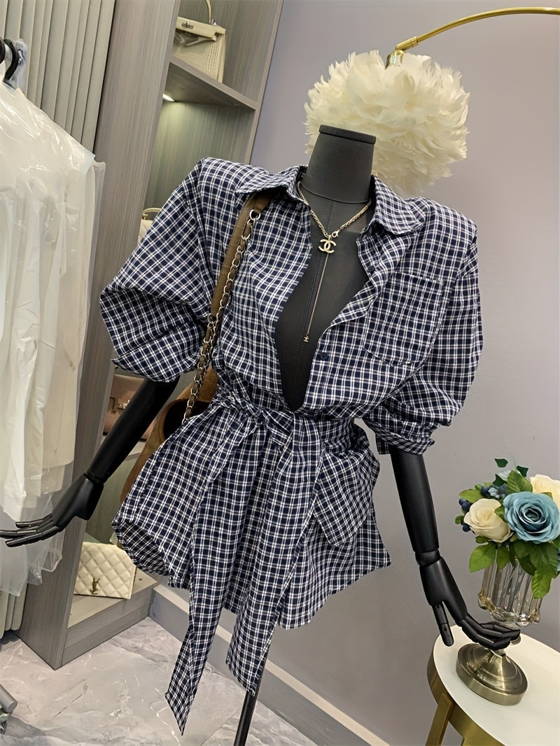 Women's Korean-Inspired Oversized Gingham Check Blouse with Belt-like Waist Tie - Blue & White Button-Front Shirt Jacket, Long Sleeve Layered Midi Length for Spring/Fall, Casual & Semi-Formal Wear (Machine Washable), Tops, Bl