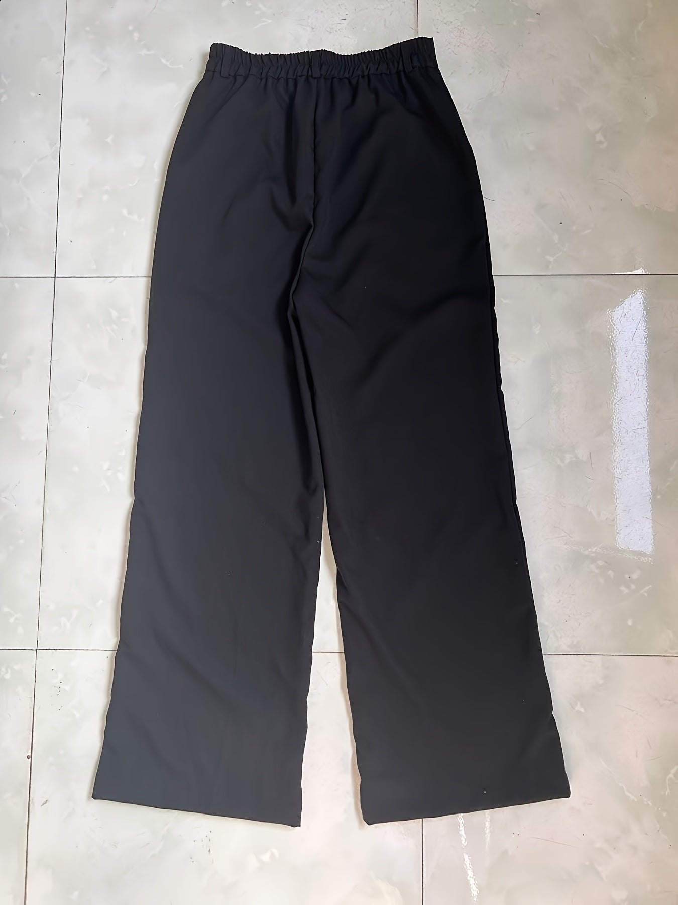 Women's Elegant Navy Blue Wide-Leg Trousers • Solid Color All-Season Formal & Casual Pants with Button Closure • Structured Fit for Office, Semi-Formal Events & Casual Attire • Versatile All-Season Trousers • Women's