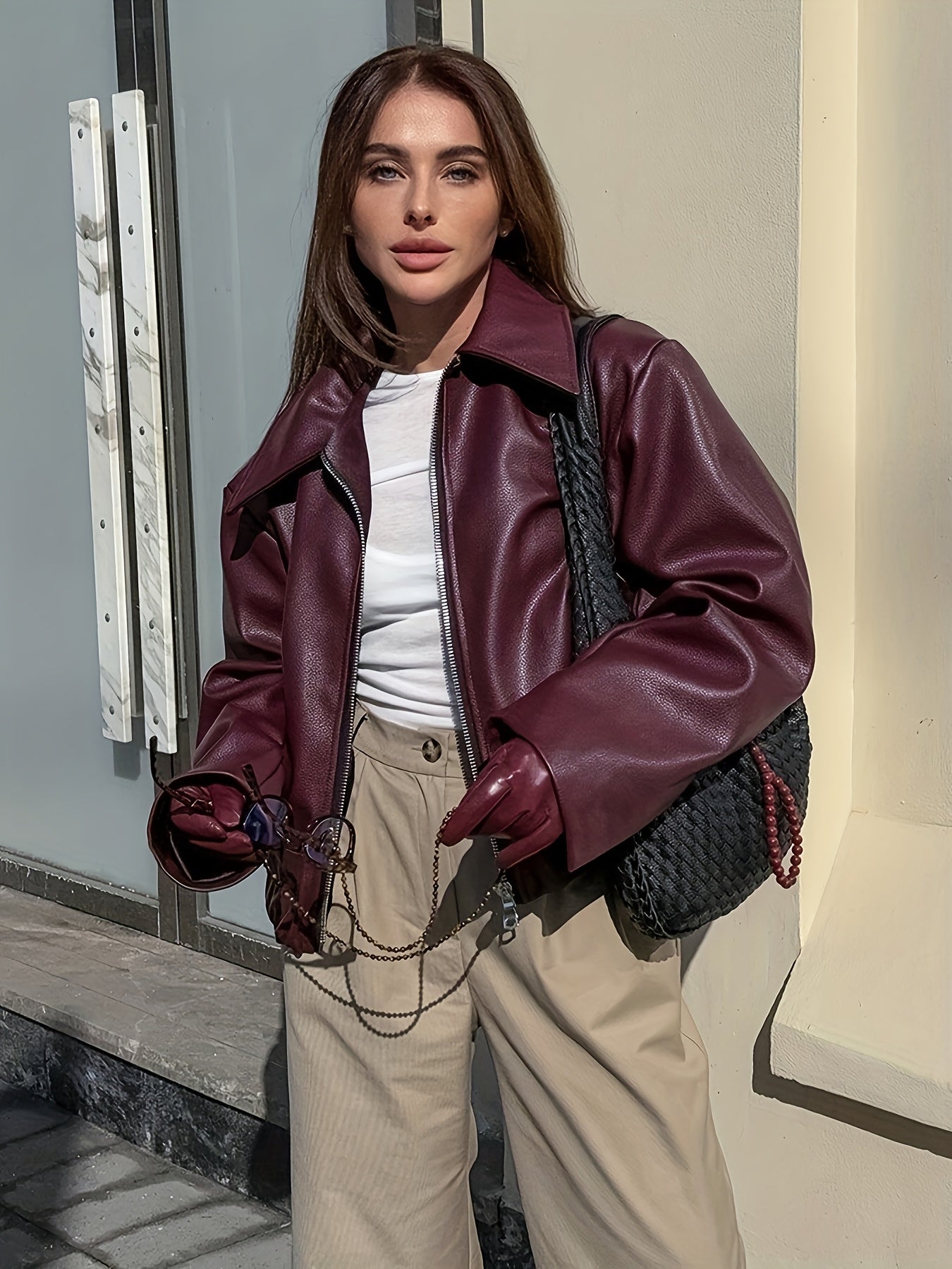 Women's Motorcycle Jacket - Full-Zip Retro Biker Coat with Full-Zip Front, Wine Red Matte, Relaxed H-Line Fit & Full-Length Zipper (No Collar) - Casual to Edgy Outerwear for Motorcycle Riding & Casual ttire, Jackets For Women