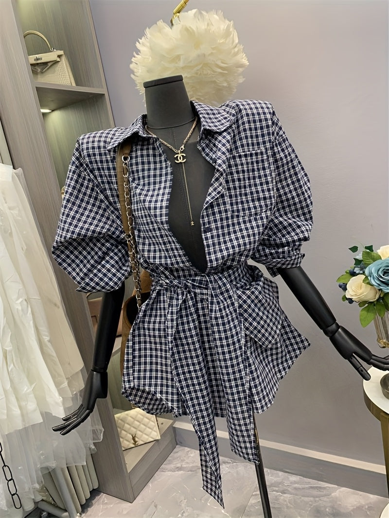 Women's Korean-Inspired Oversized Gingham Check Blouse with Belt-like Waist Tie - Blue & White Button-Front Shirt Jacket, Long Sleeve Layered Midi Length for Spring/Fall, Casual & Semi-Formal Wear (Machine Washable), Tops, Bl