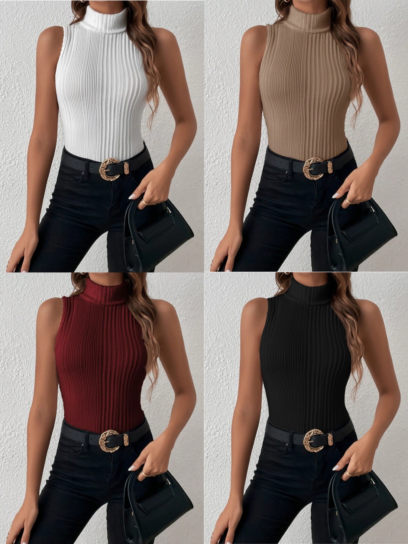 4 Colors Women's Elegant Turtleneck Tops 4pcs Set - Solid White//Beige/Black High-Neck Shirts, Versatile Layering Blouses for Spring Summer Fall, Casual & Formal Wear, Machine Washable (No Bulk), Tops For Women, High Neck Top