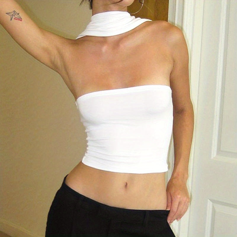 Sexy Ruched Halter Crop Top - Sleek Sleeveless Design, Body-Hugging Fit, Comfortable Wear, Women's Fashion Clothing for Summer and Party Occasions