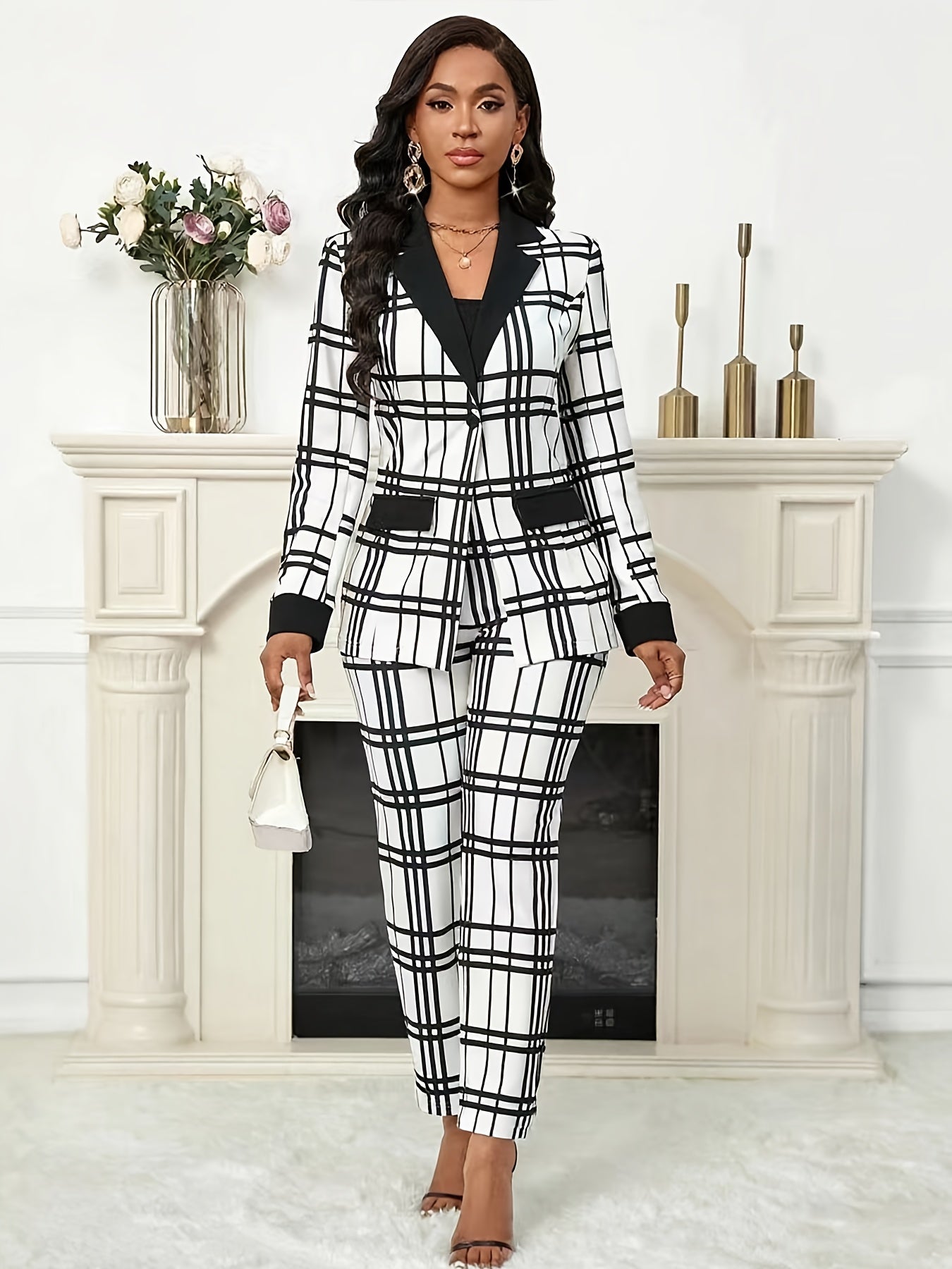 Women's Suit Set with Plaid Print and Black Collar Jacket, Pants - Autumn/Winter Work & Party Outfit, Two Piece Suits for Women, Suits for Women, Trouser Suits for Women, Formal Attire, Office Wear, Stylish Suitcase, Durable