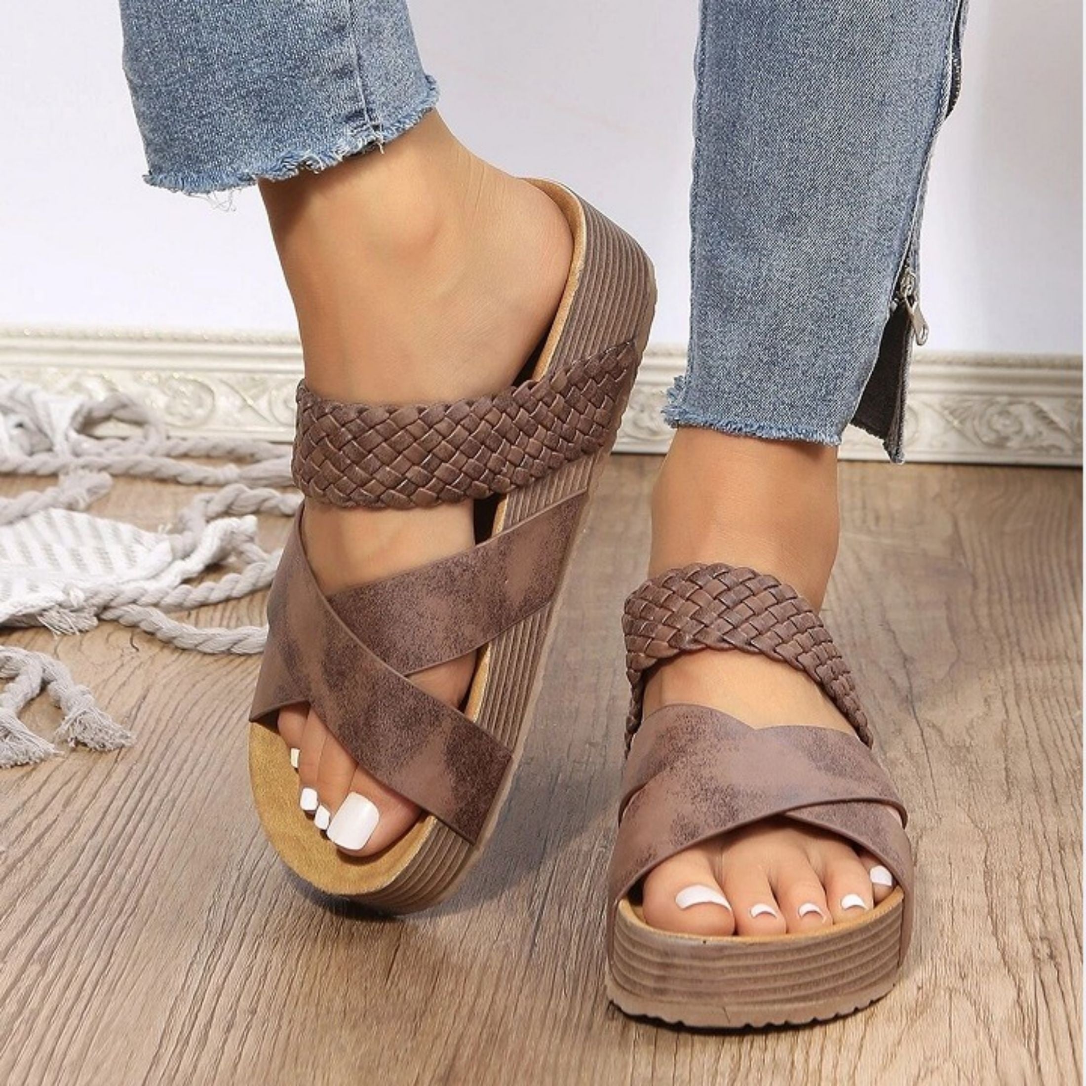 Women Sandals New Thick Bottom Braided Cross Casual Solid Color Slippers Beach Sandals
