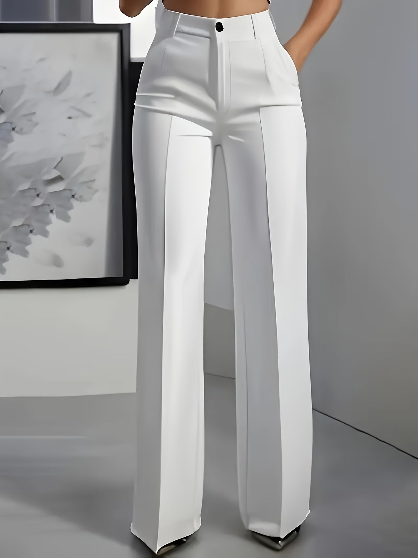 Women's Elegant Navy Blue Wide-Leg Trousers • Solid Color All-Season Formal & Casual Pants with Button Closure • Structured Fit for Office, Semi-Formal Events & Casual Attire • Versatile All-Season Trousers • Women's