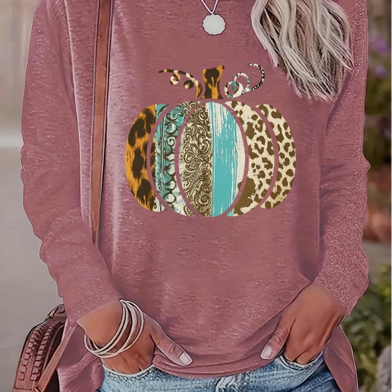 Women's Pumpkin Print Crew Neck Long Sleeve T-Shirt - Turquoise Blue & Golden Pumpkin Patch Design with Leopard Spot Accent, Casual Fall/Spring Top (Sizes S-2XL) | Pumpkin Season Outfits, Jeans Pairing, Machine Washable Layer