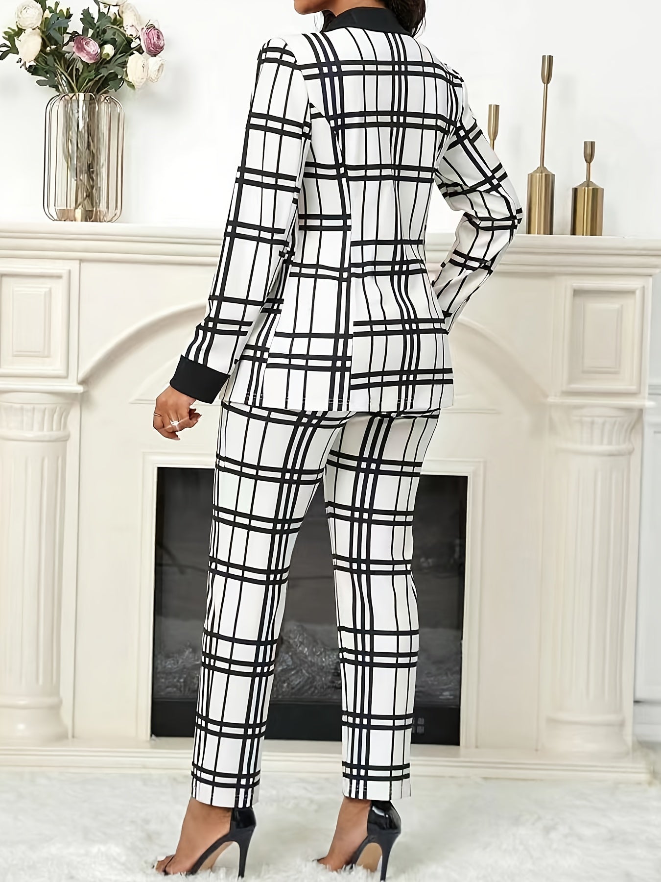 Women's Suit Set with Plaid Print and Black Collar Jacket, Pants - Autumn/Winter Work & Party Outfit, Two Piece Suits for Women, Suits for Women, Trouser Suits for Women, Formal Attire, Office Wear, Stylish Suitcase, Durable