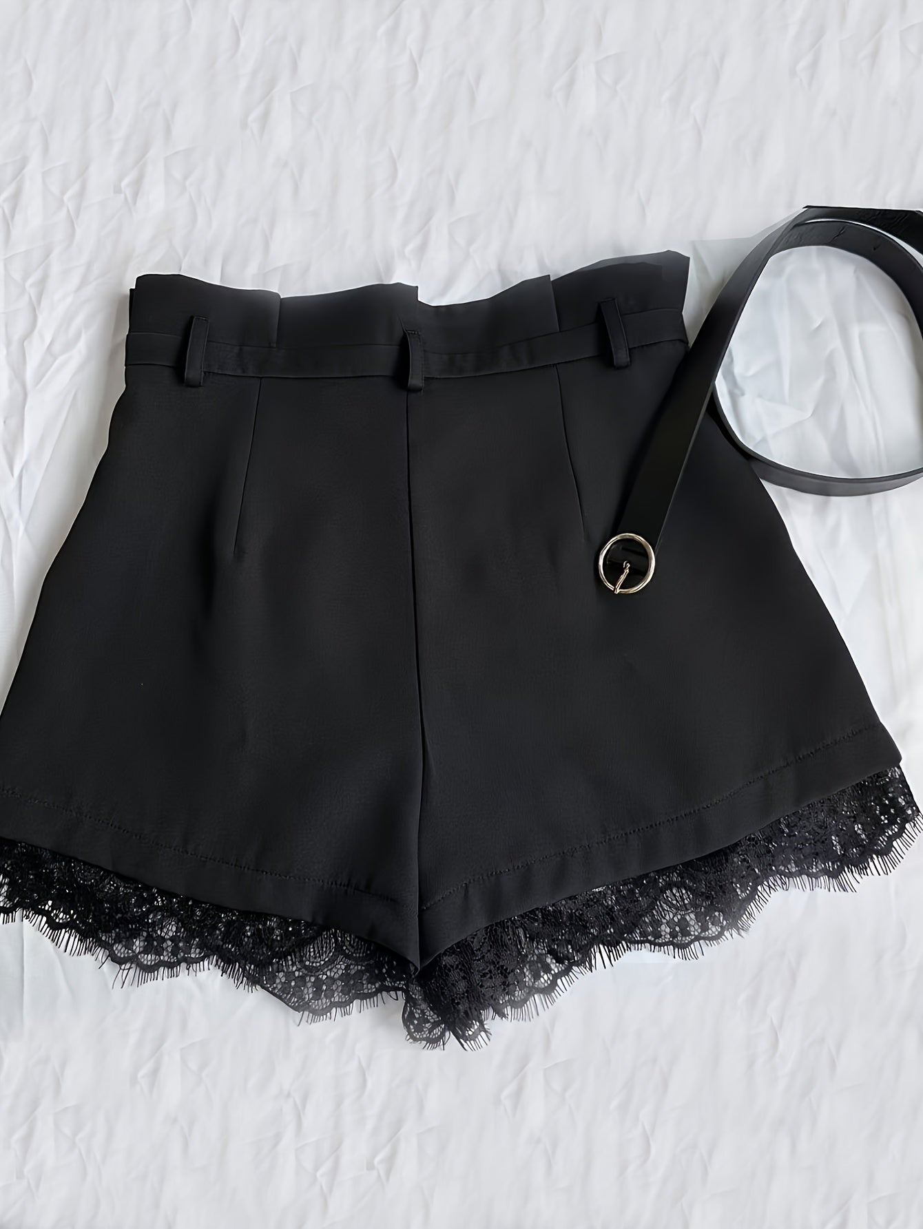 Women'S Elegant Black Lace Trim Skirt Shorts - High-Waisted Pleated Design with Golden Button Belt, Non-Stretch Fabric, Green Skirt For Women, Green Skirt, Elegant Woman Short, Woman Short Skirt, Women Shorts, Women Short, El