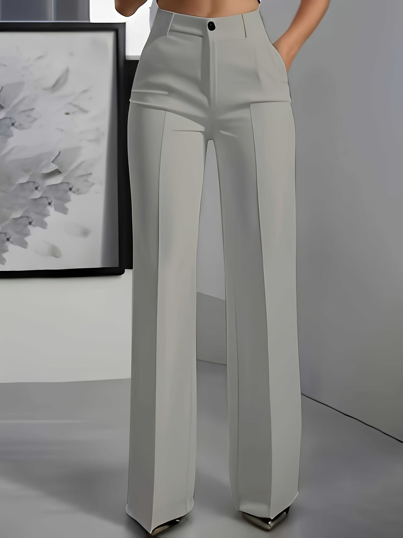 Women's Elegant Navy Blue Wide-Leg Trousers • Solid Color All-Season Formal & Casual Pants with Button Closure • Structured Fit for Office, Semi-Formal Events & Casual Attire • Versatile All-Season Trousers • Women's