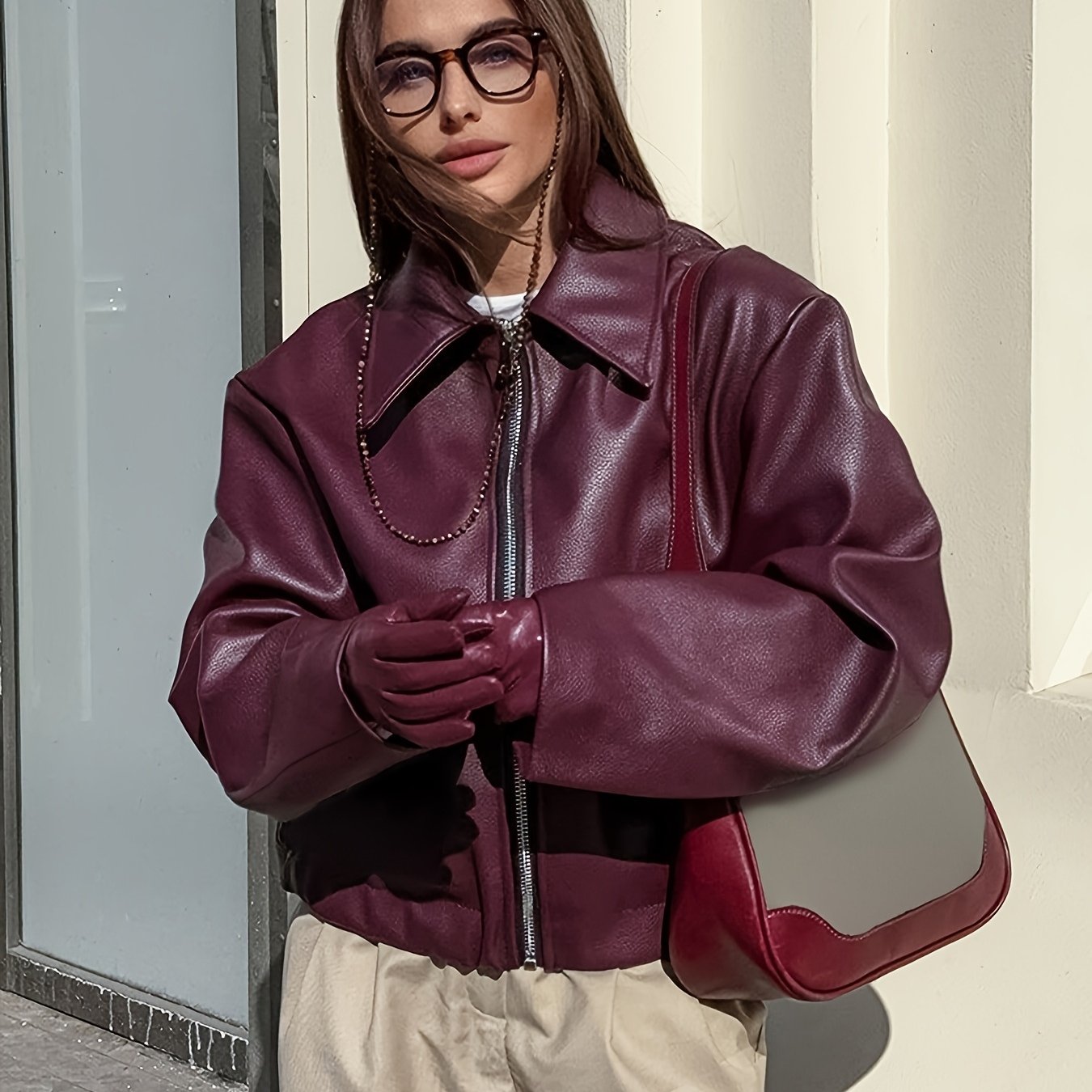 Women's Motorcycle Jacket - Full-Zip Retro Biker Coat with Full-Zip Front, Wine Red Matte, Relaxed H-Line Fit & Full-Length Zipper (No Collar) - Casual to Edgy Outerwear for Motorcycle Riding & Casual ttire, Jackets For Women