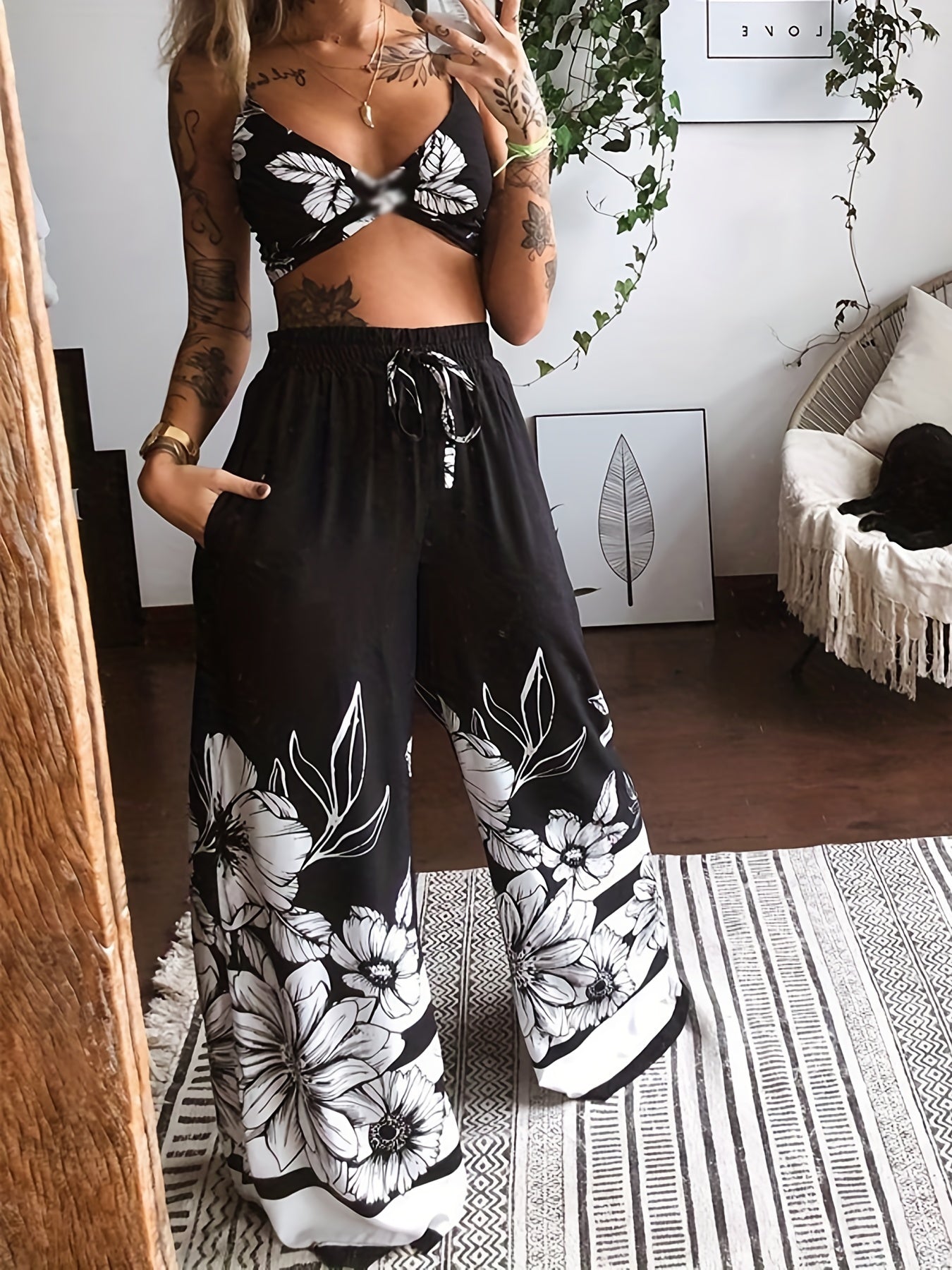 two-piece Sexy Butterfly Print Halter Top & Wide Leg Pants Set, Women's Crop Top and Pants Outfit