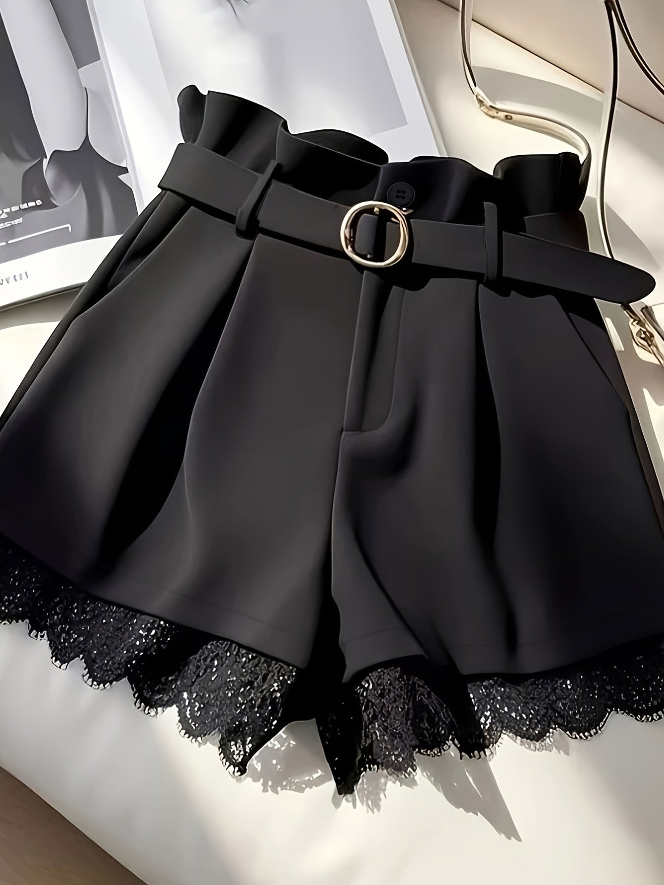 Women'S Elegant Black Lace Trim Skirt Shorts - High-Waisted Pleated Design with Golden Button Belt, Non-Stretch Fabric, Green Skirt For Women, Green Skirt, Elegant Woman Short, Woman Short Skirt, Women Shorts, Women Short, El