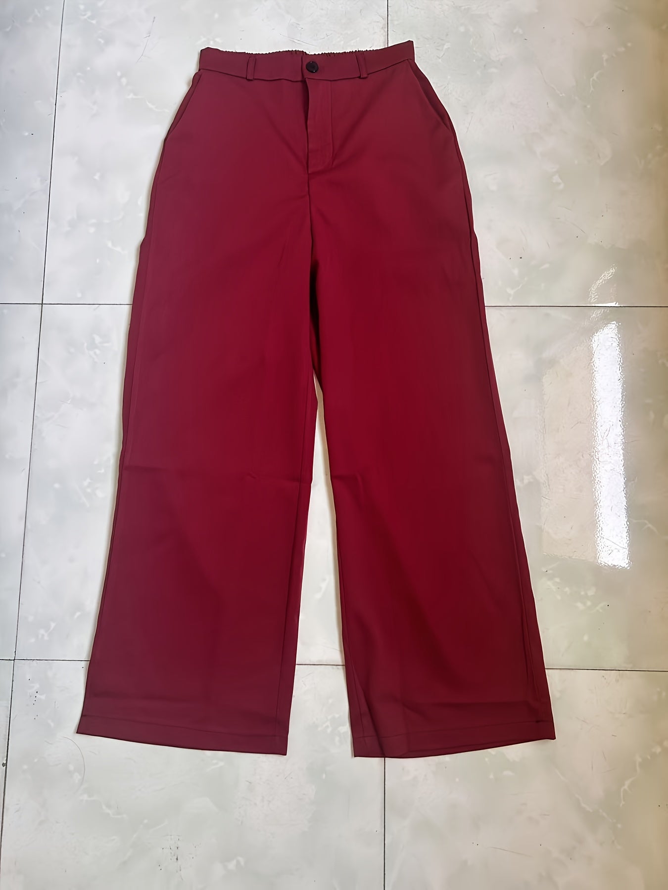 Women's Elegant Navy Blue Wide-Leg Trousers • Solid Color All-Season Formal & Casual Pants with Button Closure • Structured Fit for Office, Semi-Formal Events & Casual Attire • Versatile All-Season Trousers • Women's