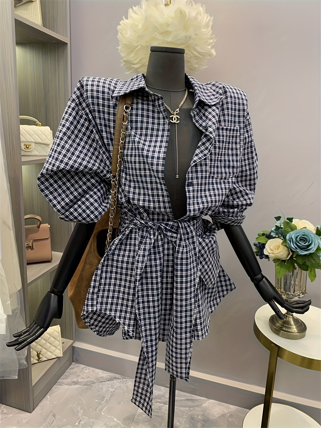 Women's Korean-Inspired Oversized Gingham Check Blouse with Belt-like Waist Tie - Blue & White Button-Front Shirt Jacket, Long Sleeve Layered Midi Length for Spring/Fall, Casual & Semi-Formal Wear (Machine Washable), Tops, Bl