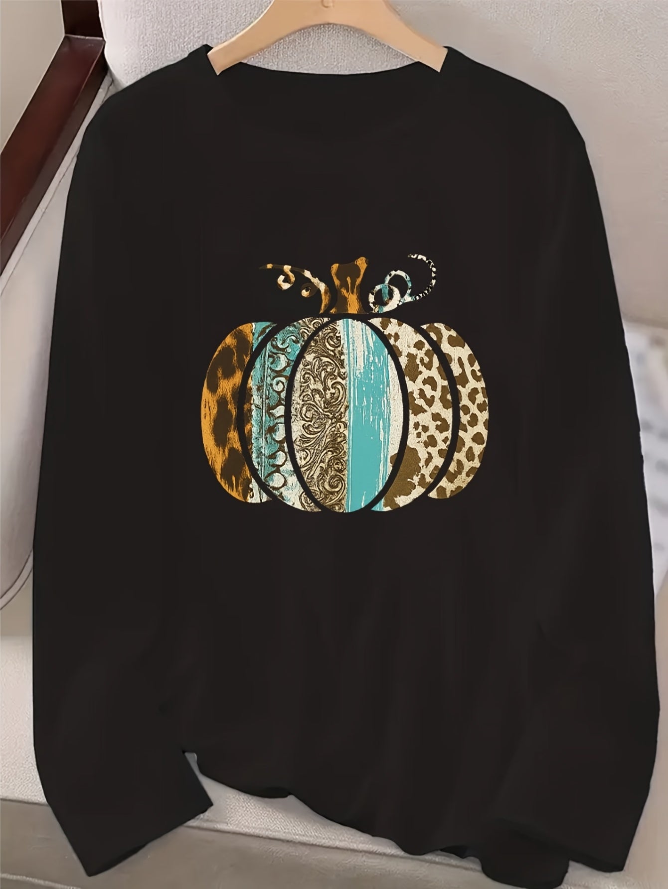 Women's Pumpkin Print Crew Neck Long Sleeve T-Shirt - Turquoise Blue & Golden Pumpkin Patch Design with Leopard Spot Accent, Casual Fall/Spring Top (Sizes S-2XL) | Pumpkin Season Outfits, Jeans Pairing, Machine Washable Layer