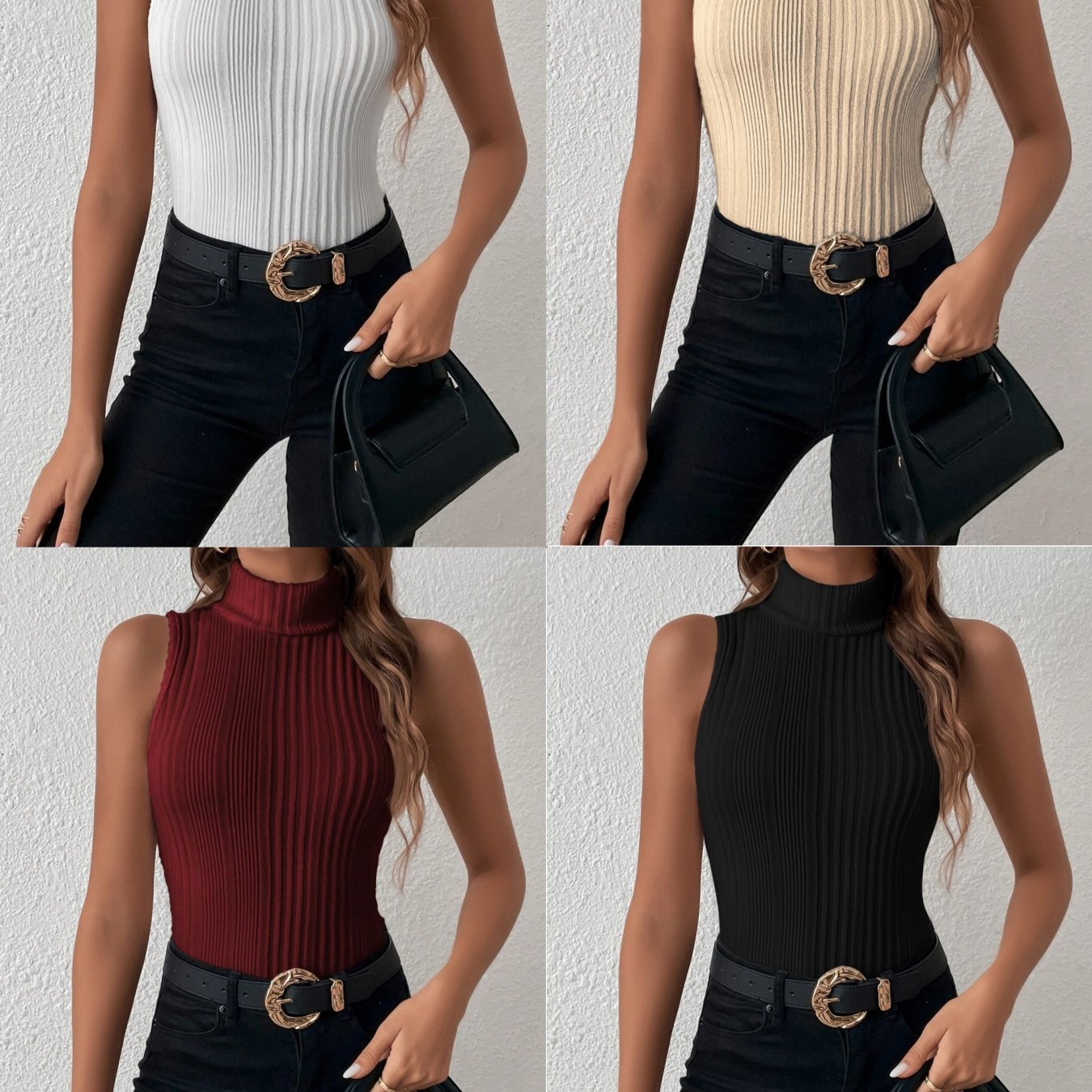 4 Colors Women's Elegant Turtleneck Tops 4pcs Set - Solid White//Beige/Black High-Neck Shirts, Versatile Layering Blouses for Spring Summer Fall, Casual & Formal Wear, Machine Washable (No Bulk), Tops For Women, High Neck Top