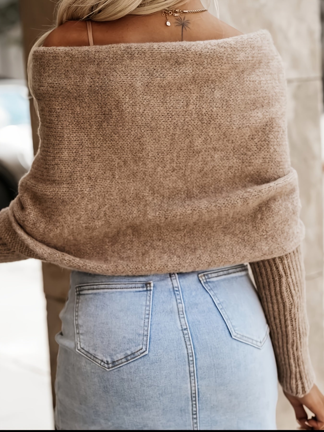 Women'S Elegant Off-Shoulder Long Sleeve Sweater - Chic Brown Pullover with Cross Front Detail, Soft & Cozy Fall/Winter Top, Perfect for Casual or Stylish Outfits, Sweater Dress, Elegant Sweaters For Women, Jumpers For Women,