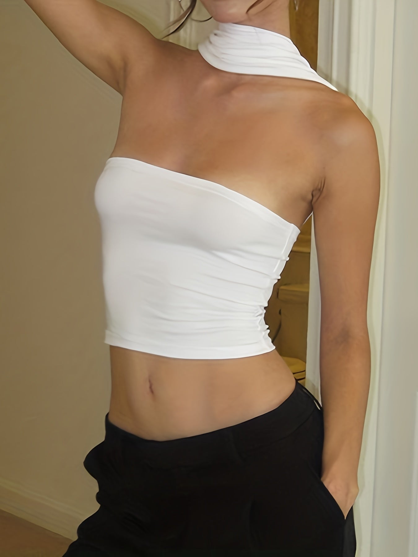 Sexy Ruched Halter Crop Top - Sleek Sleeveless Design, Body-Hugging Fit, Comfortable Wear, Women's Fashion Clothing for Summer and Party Occasions