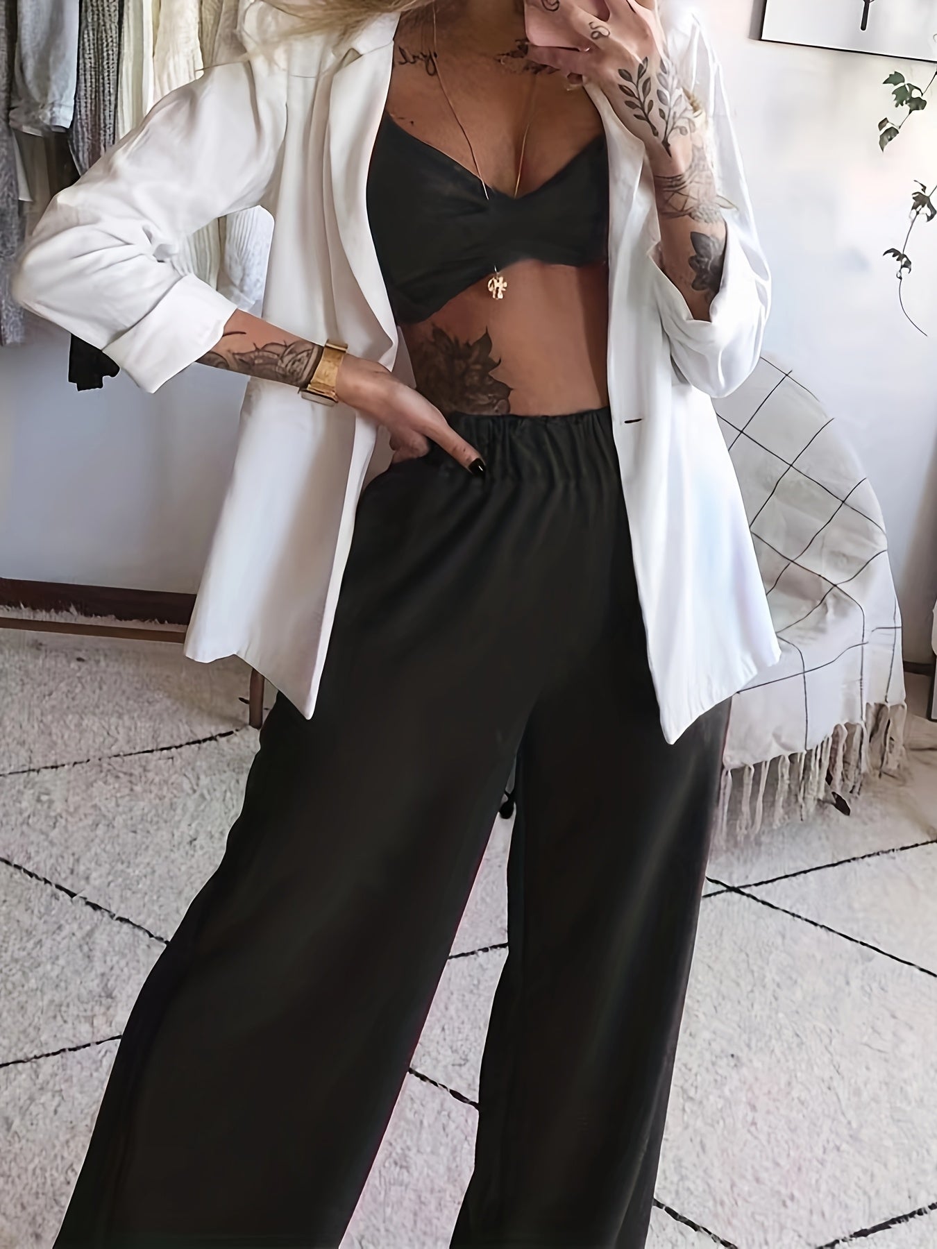 two-piece Sexy Butterfly Print Halter Top & Wide Leg Pants Set, Women's Crop Top and Pants Outfit